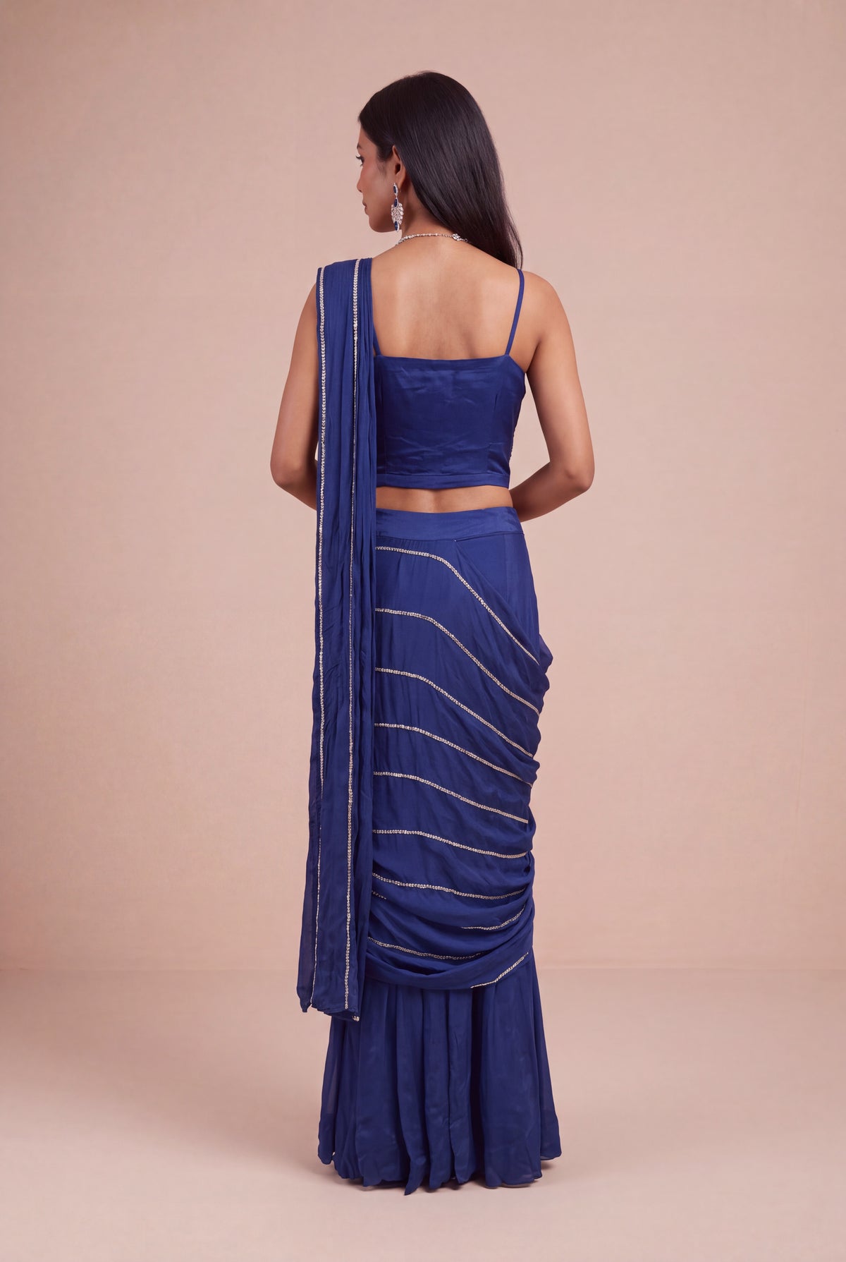 Royal Blue Chinon Crepe Draped Saree - Mokshaa