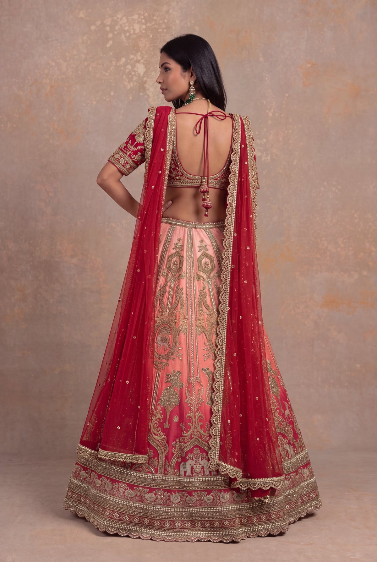 Red & Peach Silk Bridal Lehenga - Mokshaa
