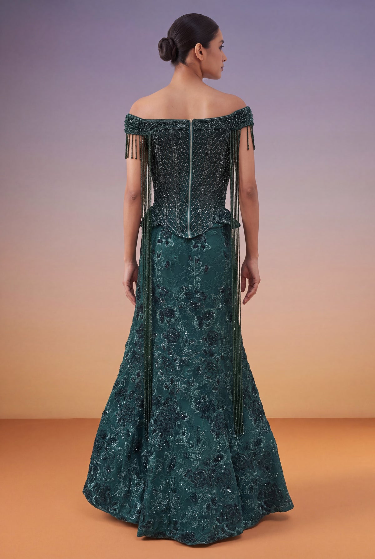 Emerald Green Indo-Western Corset Lehenga - Mokshaa