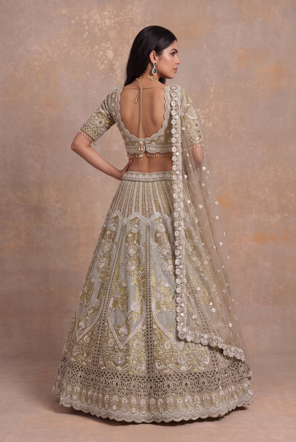 Shimmer Tissue Cutwork Lehenga - Mokshaa
