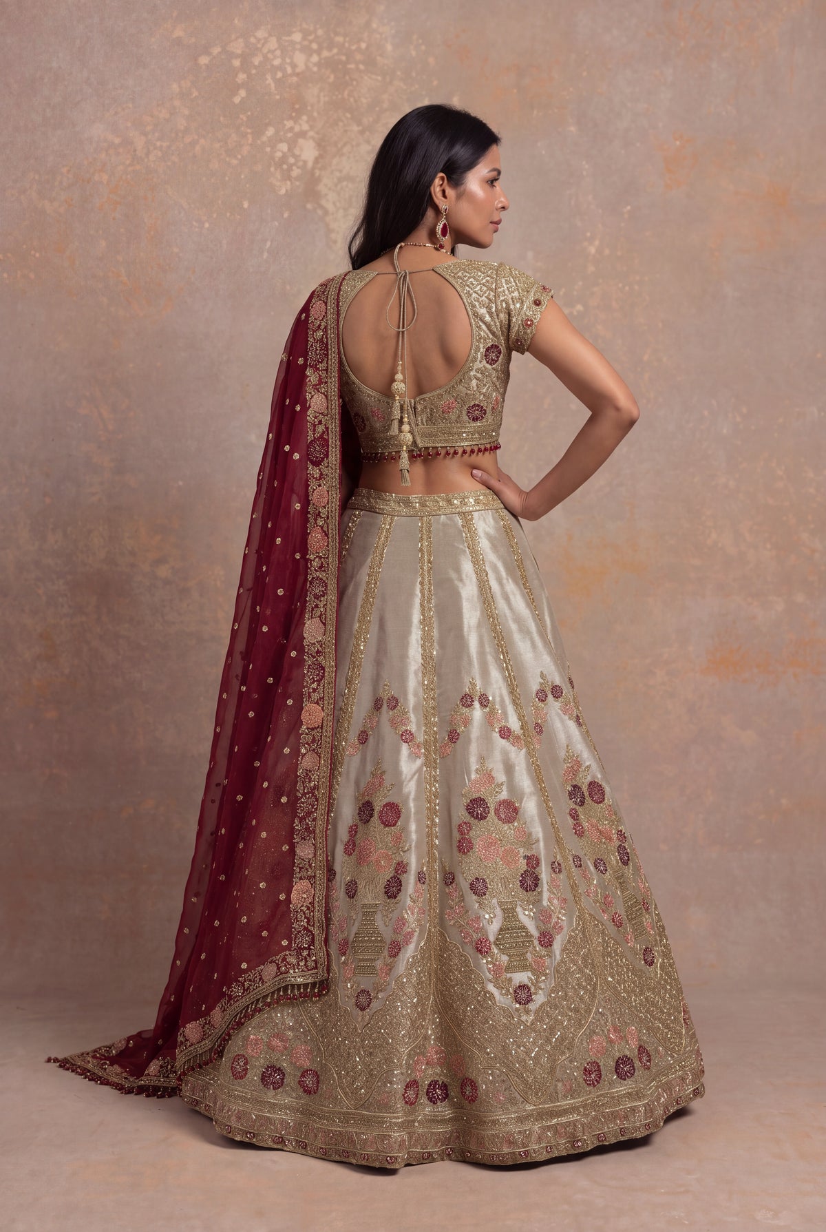Gray Tissue Lehenga Set with Zardozi and Velvet Applique - Mokshaa