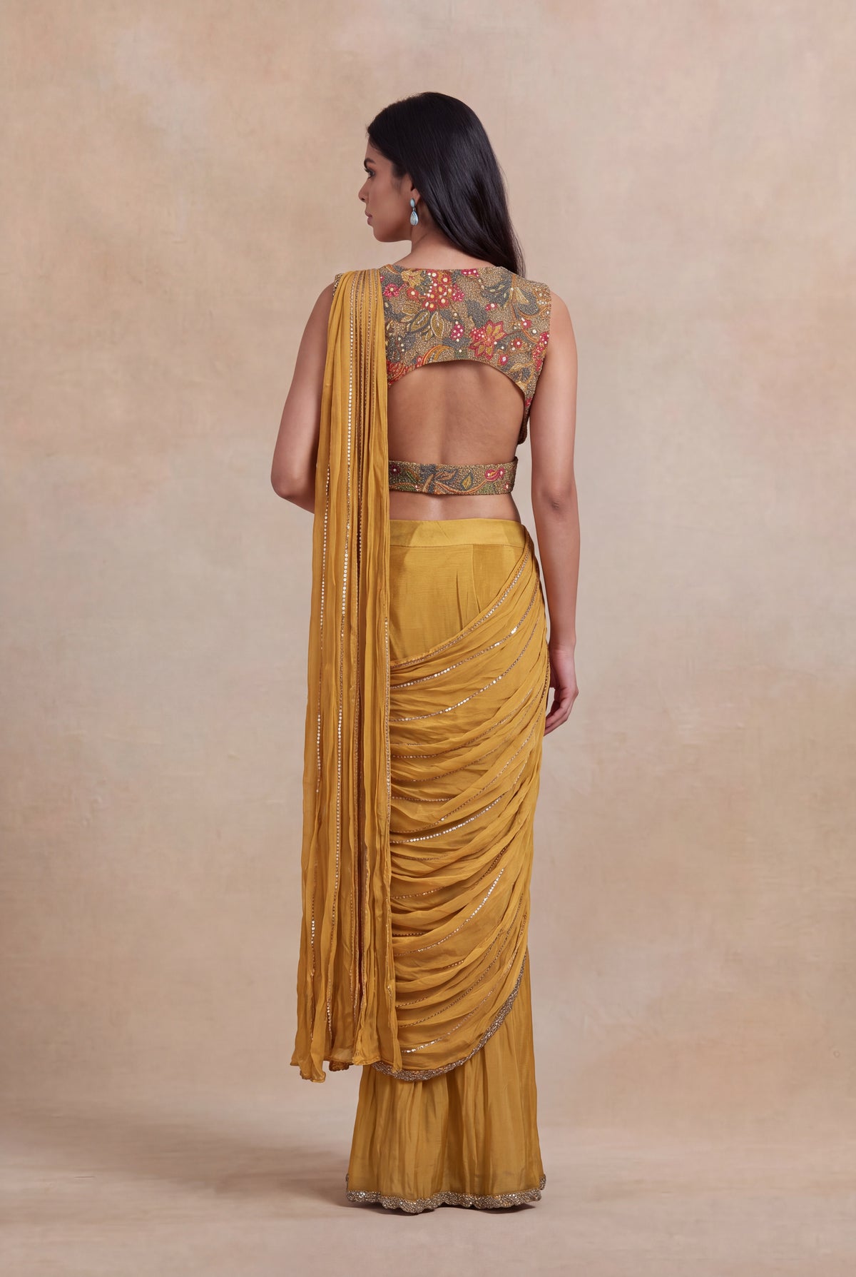 Mustard Yellow Draped Saree with Metallic Embroidered Blouse - Mokshaa