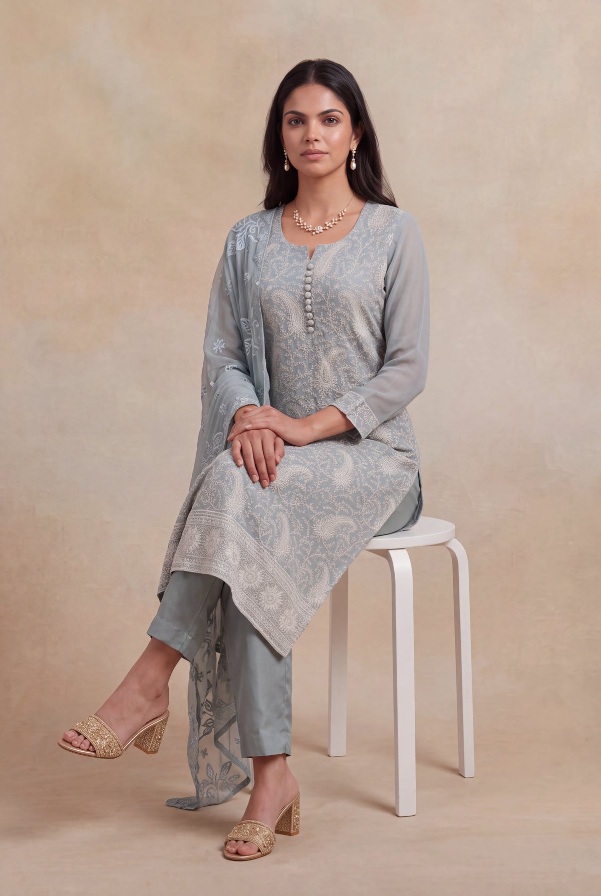 Dusty Blue Georgette Straight-Cut Salwar Suit - Mokshaa