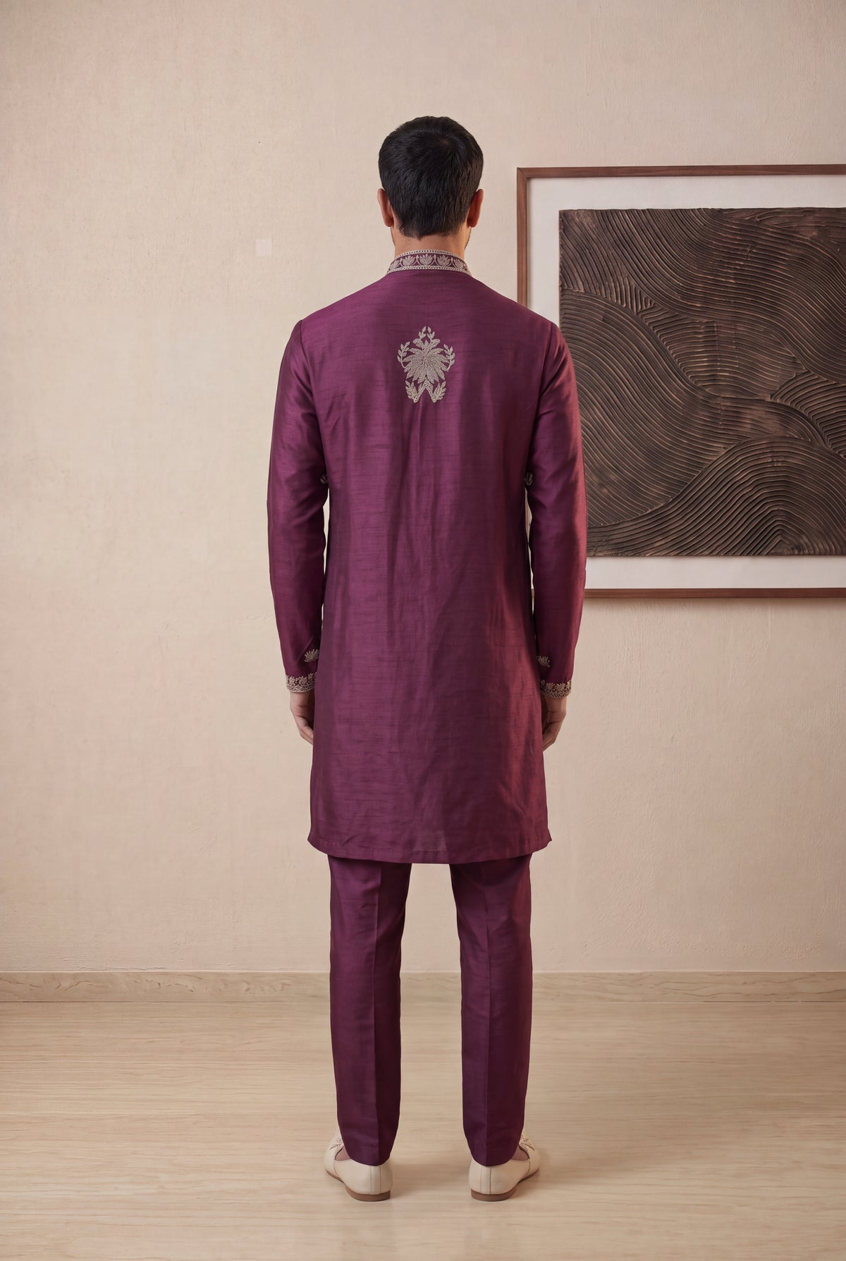 Wine Raw Silk Kurta Pant Set - Mokshaa