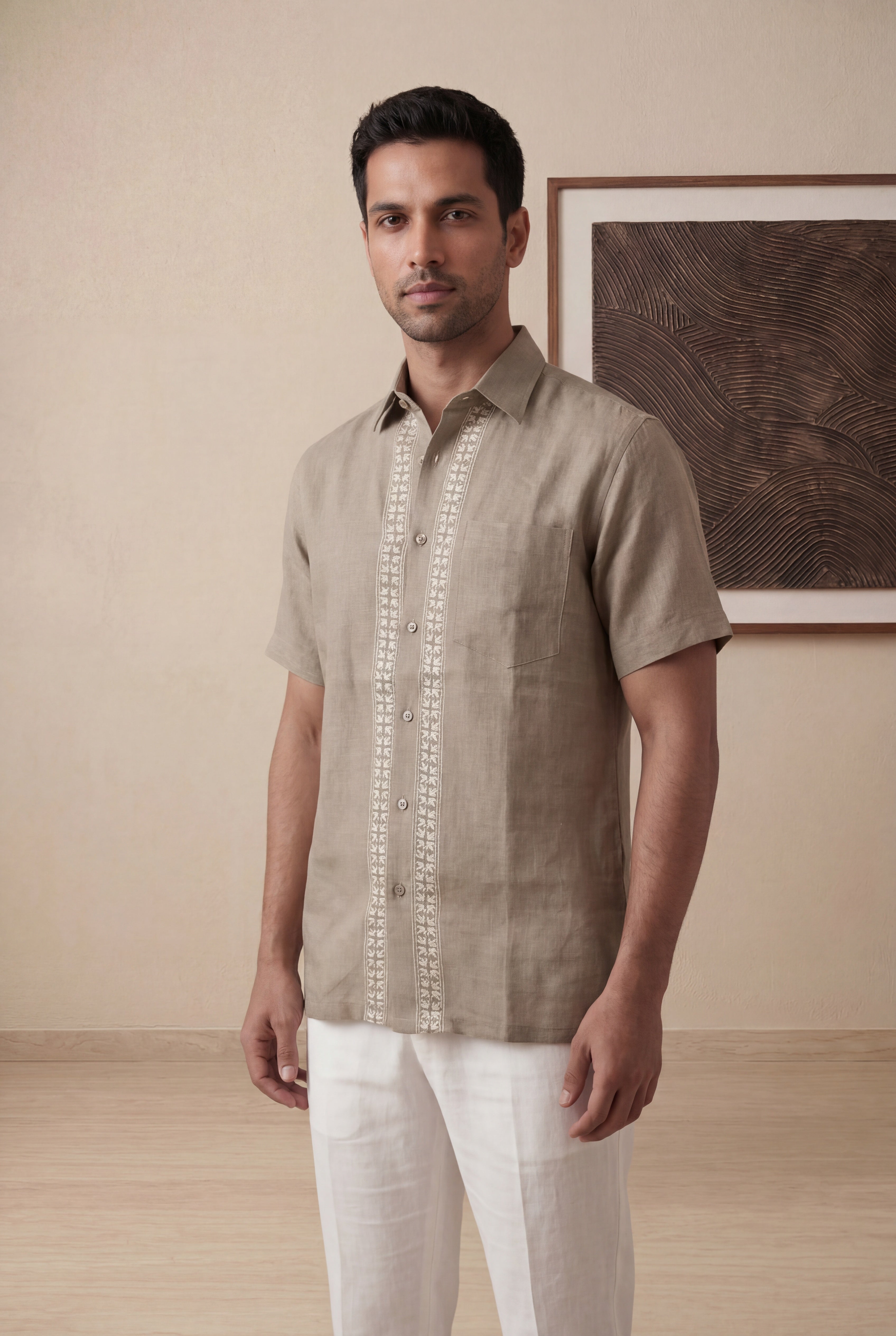 Dark Beige Linen Half Sleeve Shirt