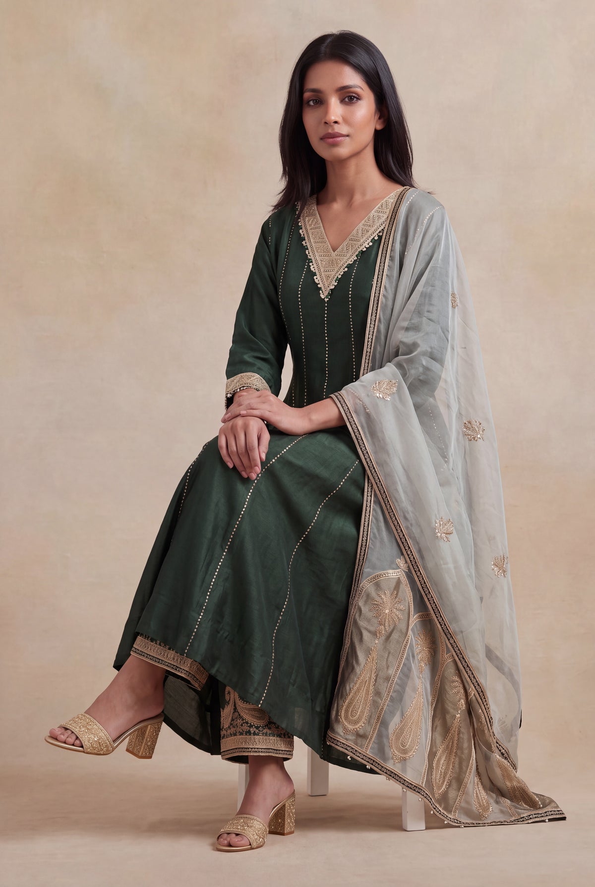 Bottle Green Silk A-Line Salwar Suit with Tissue Dupatta - Mokshaa