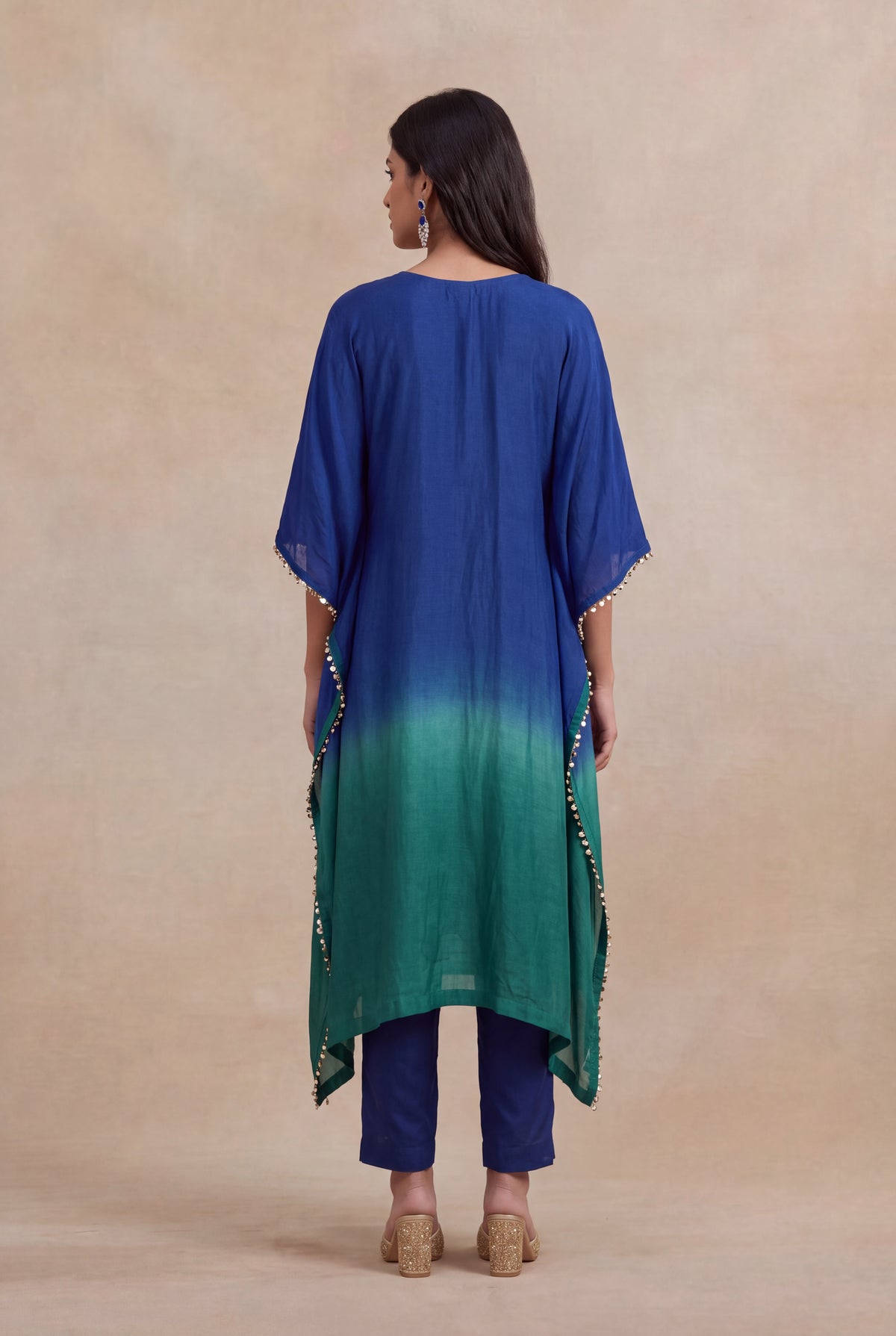 Blue & Emerald Raw Silk Embellished Kaftan Set - Mokshaa