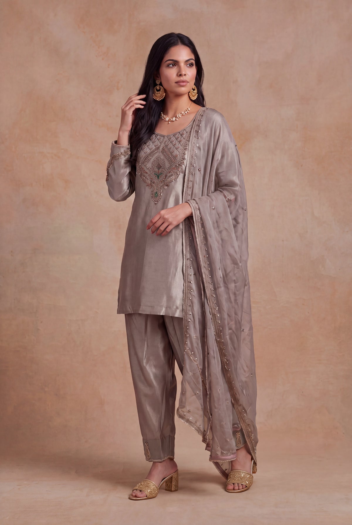 Silver Grey Tissue Indo-Western Set - Mokshaa