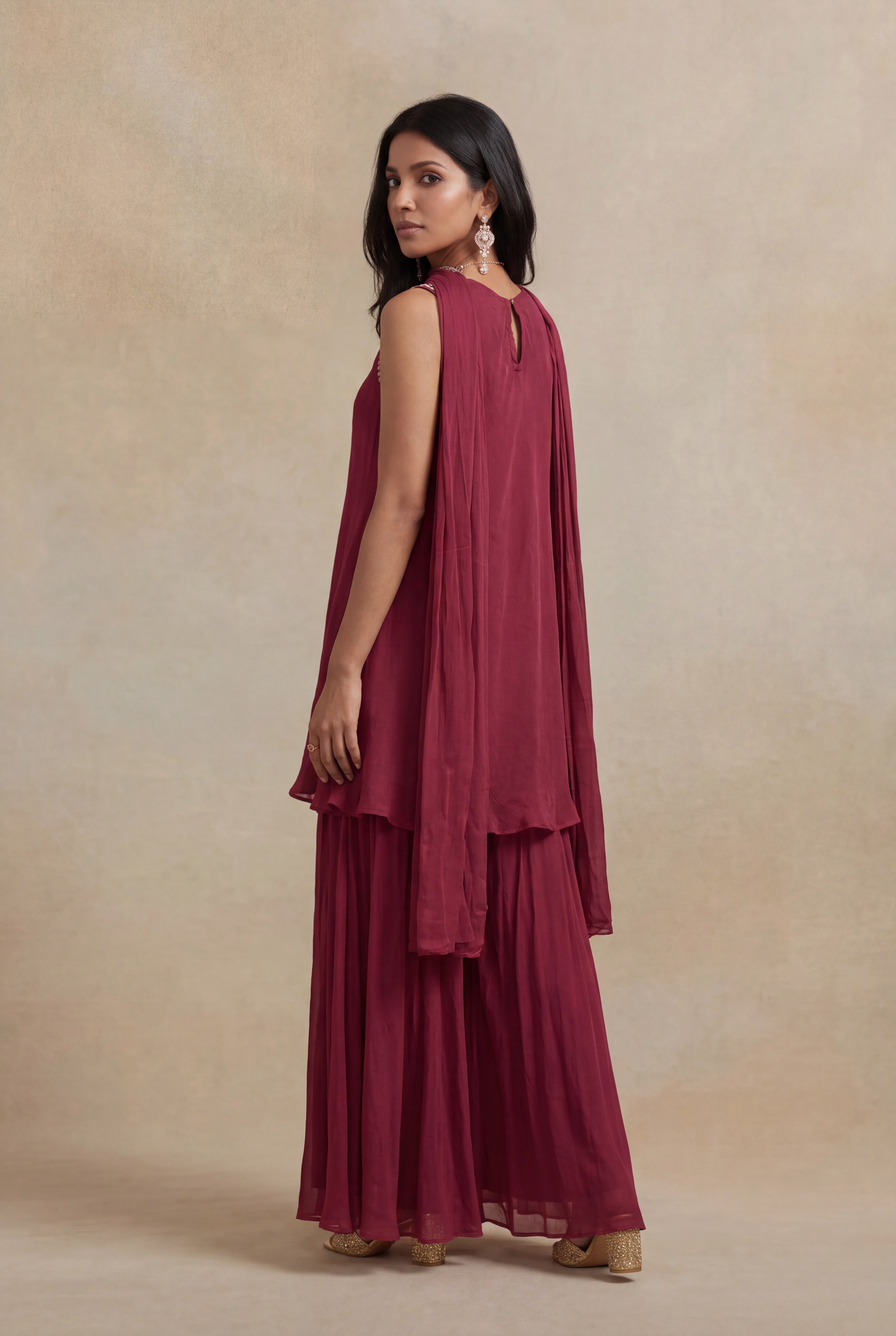 Rust Pink Chinon Georgette Indo-Western Kurta Set