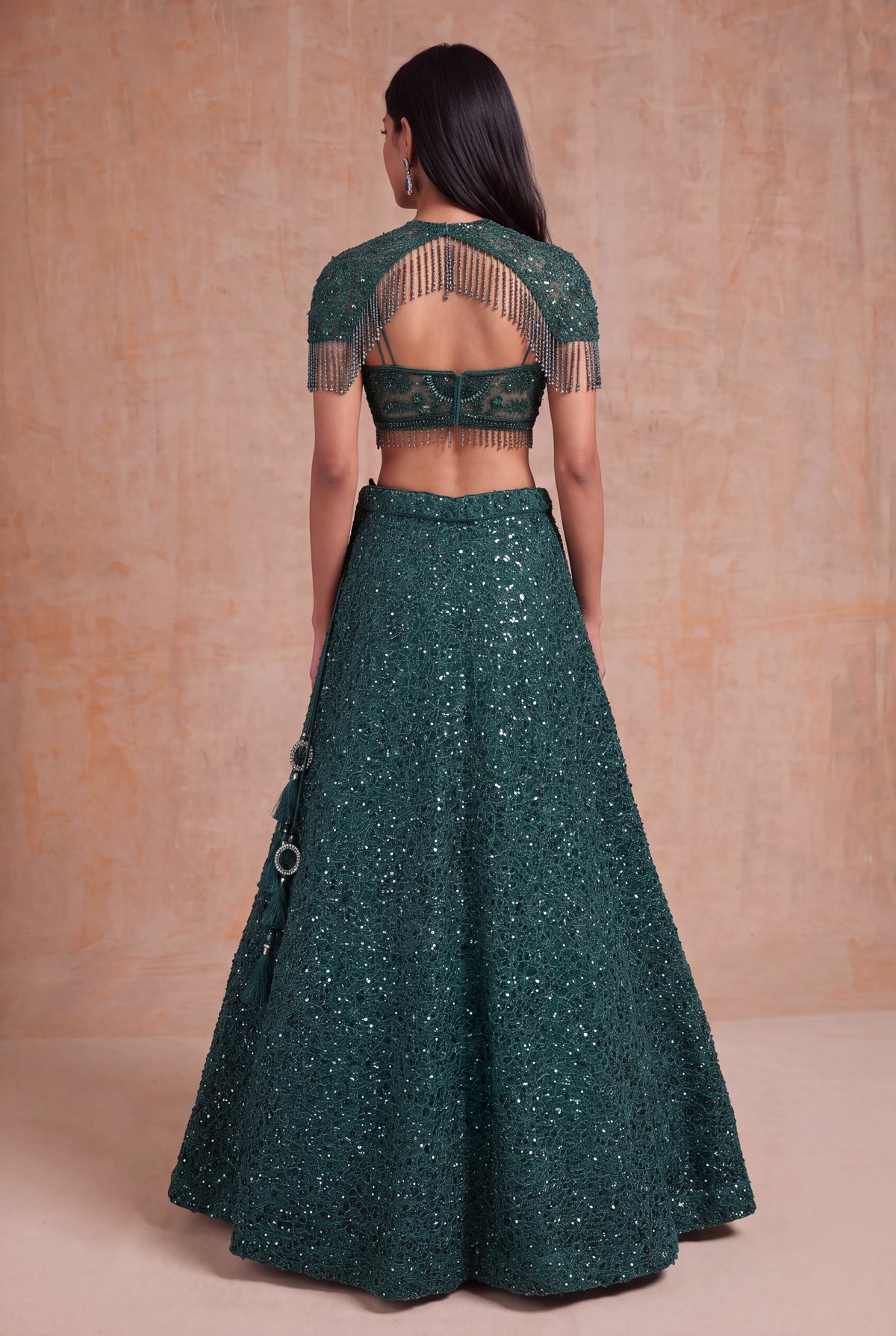 Emerald Green Indo-Western Net Lehenga - Mokshaa