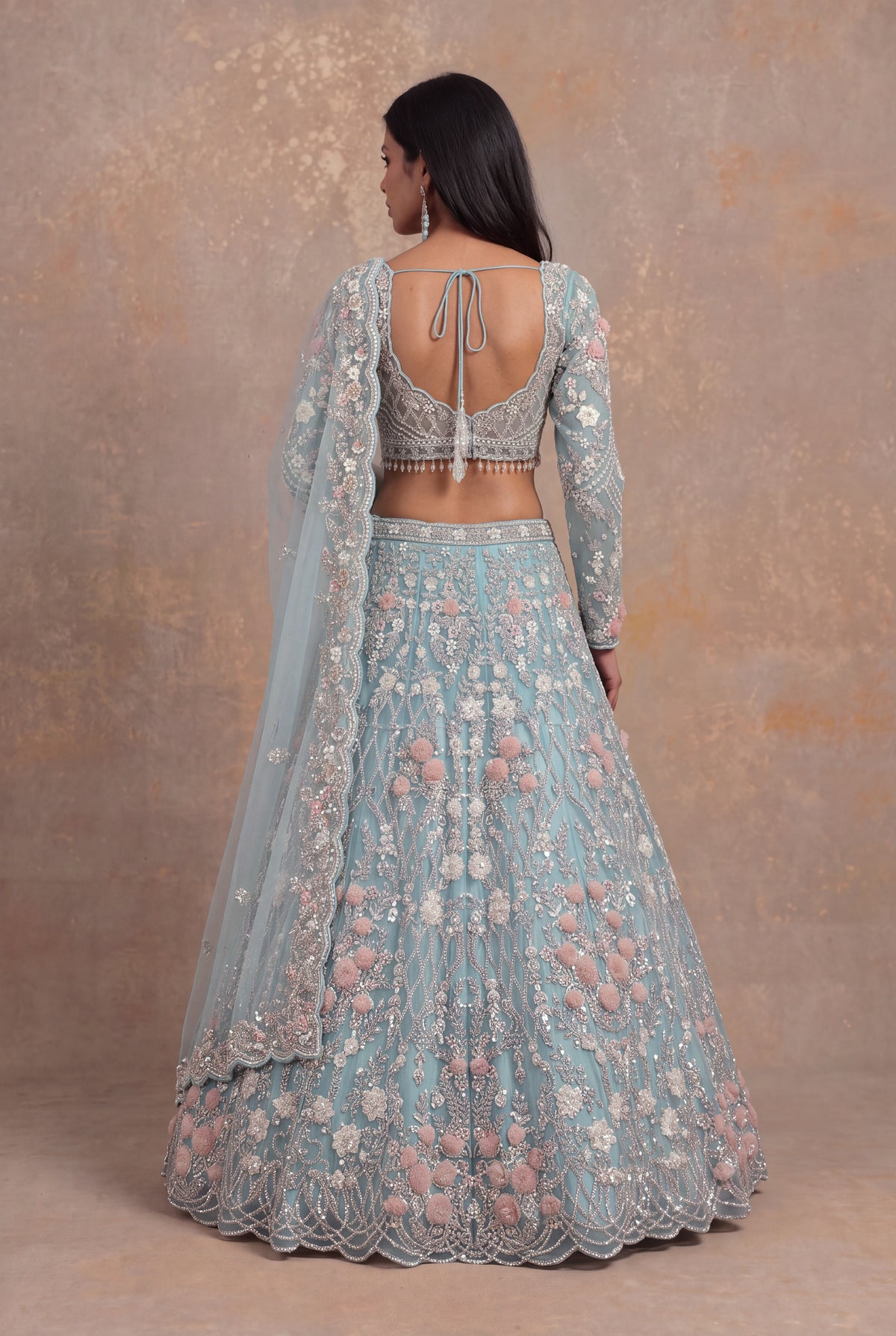 Sea Blue Net Lehenga Set with Sequin and Floral Applique Work - Mokshaa