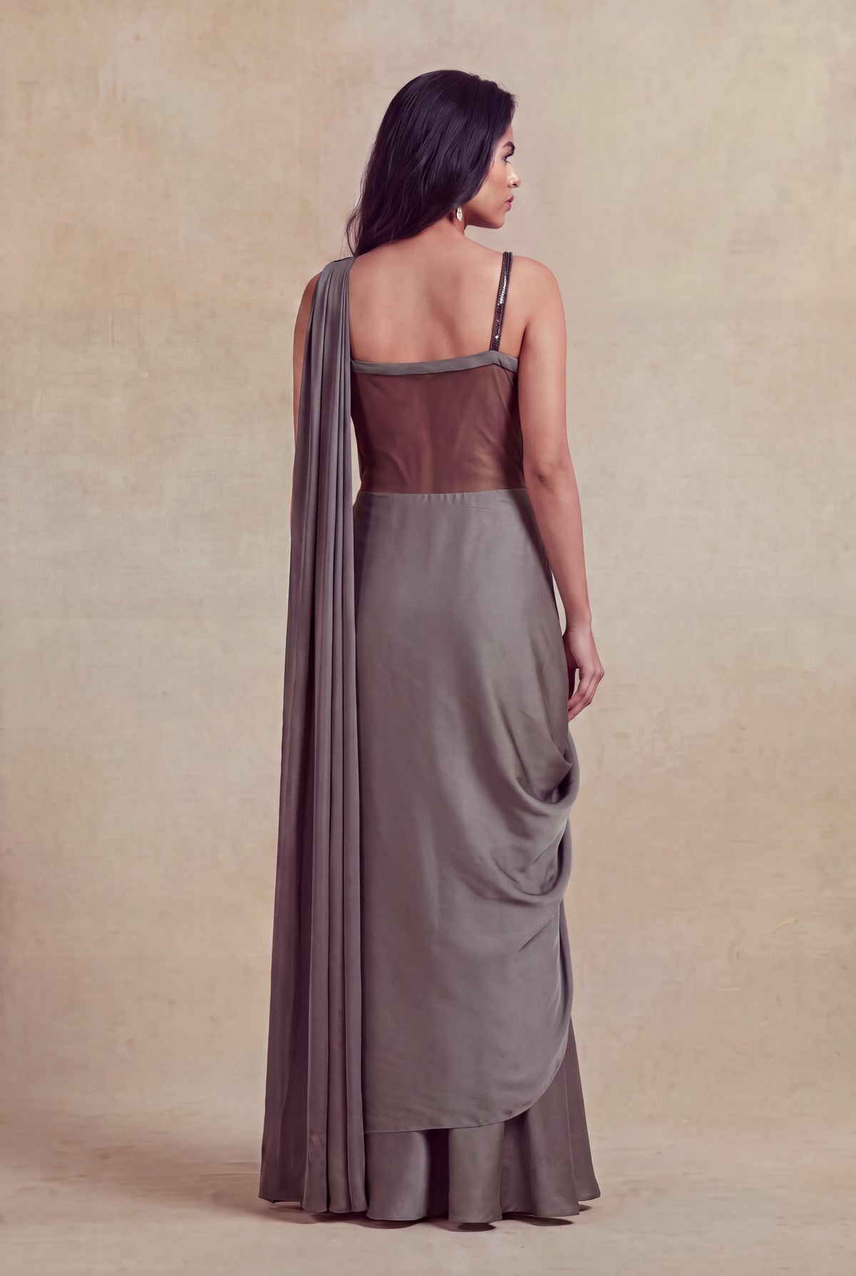 Charcoal Grey Draped Gown - Mokshaa