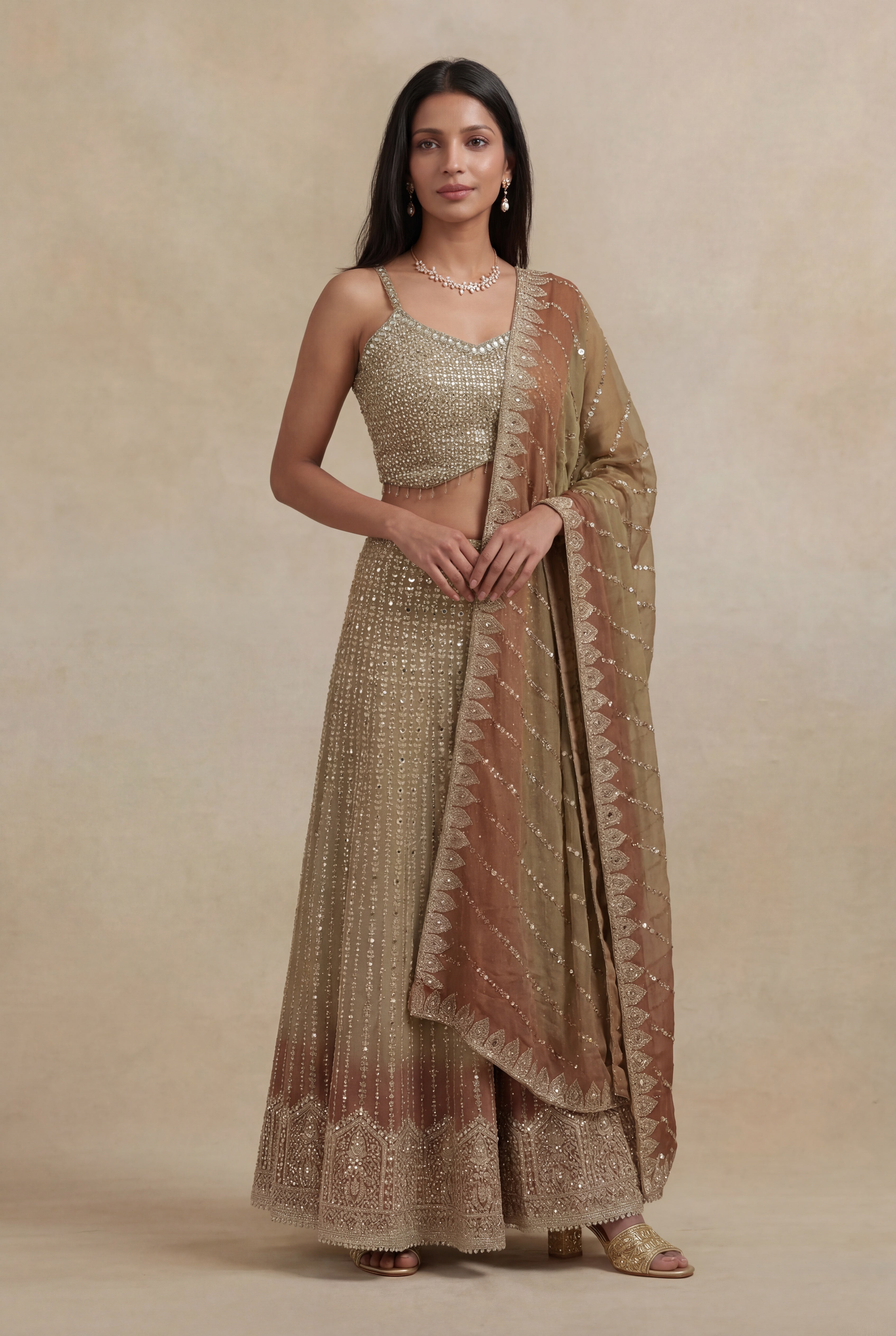 Gold Georgette Indo-Western Set with Stone & Mirror Work