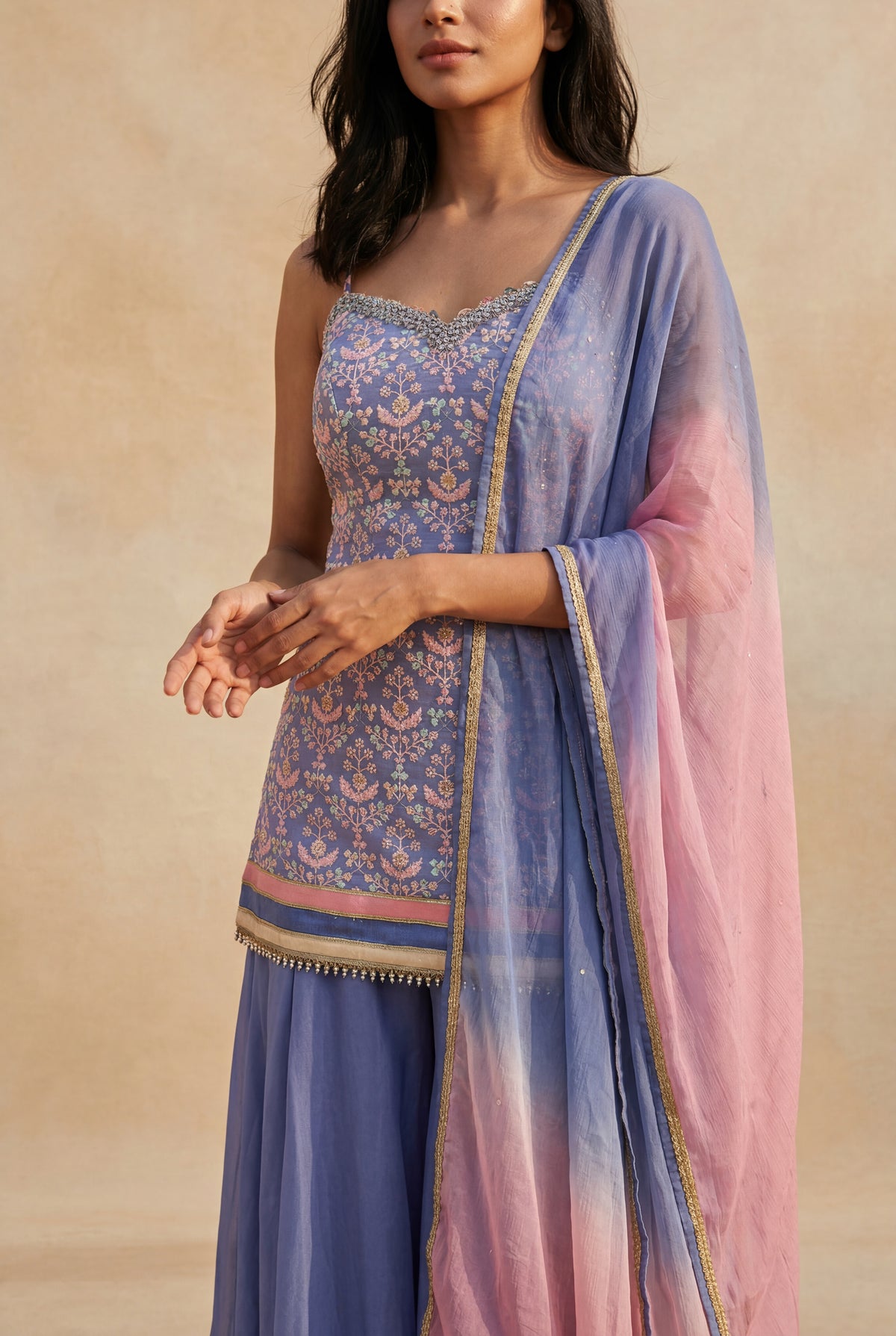 Periwinkle Blue Silk Mirror Work Indo Western Set - Mokshaa