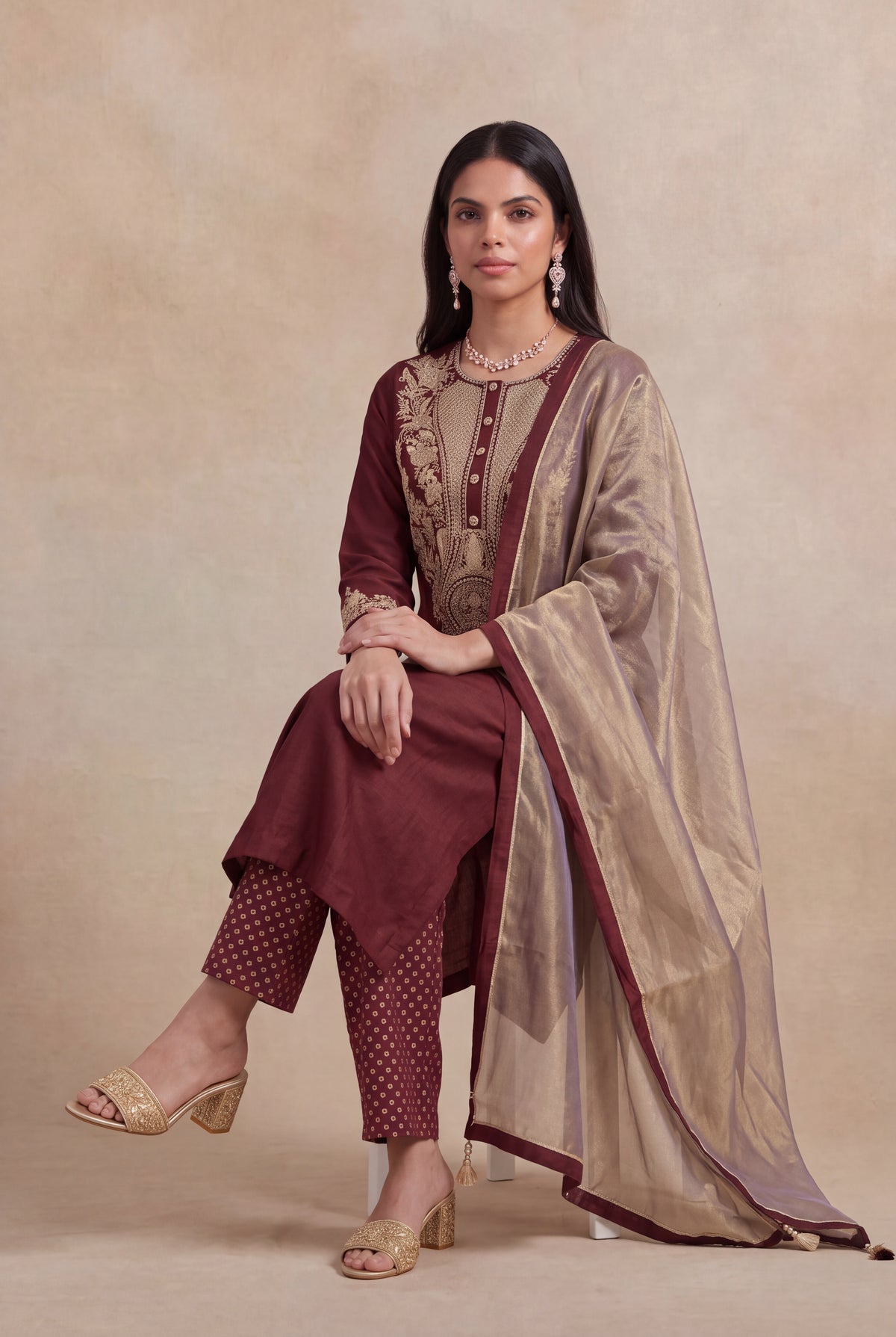 Wine Raw Silk Zardosi A-Line Salwar Set - Mokshaa