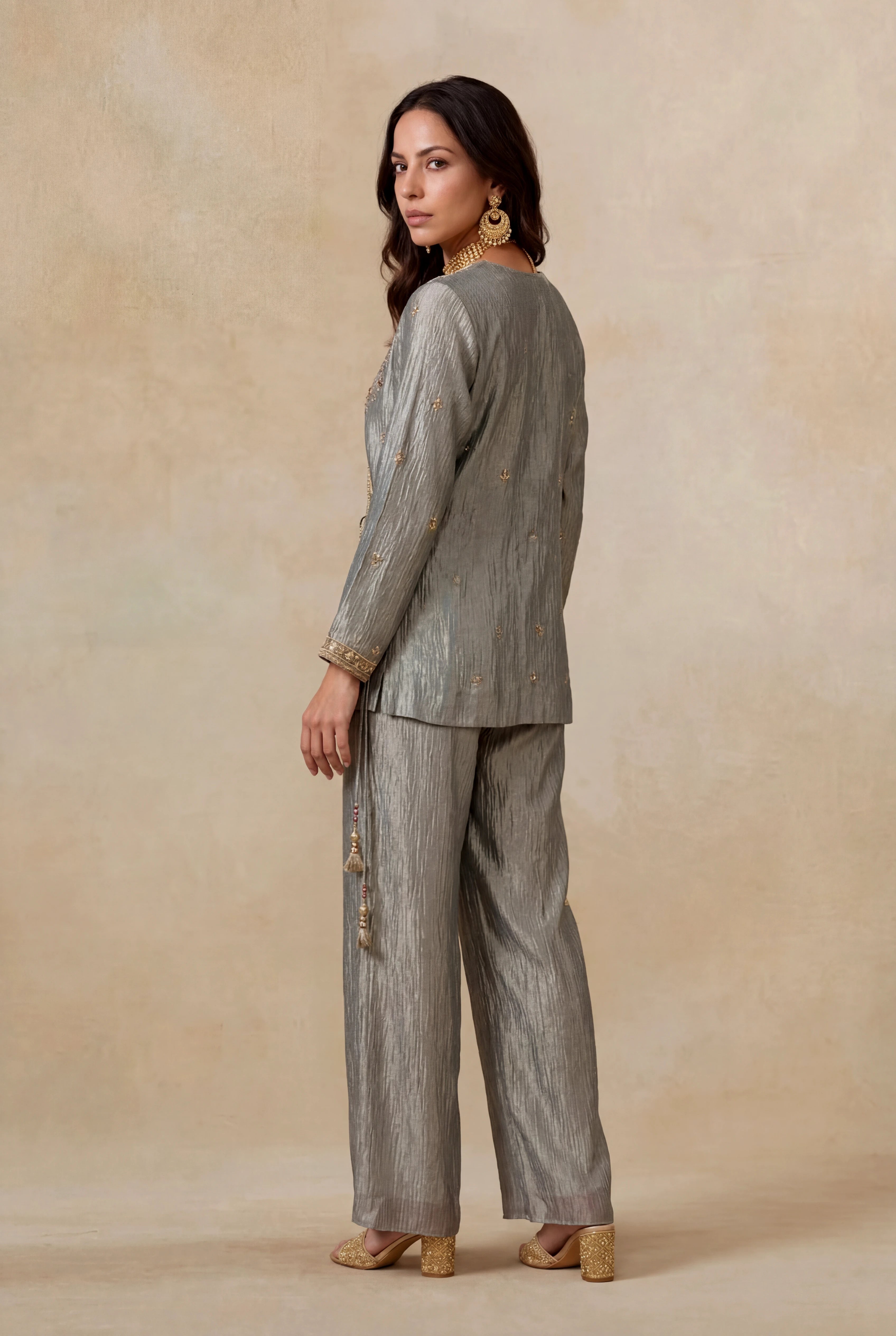 Silver Grey Crush Tissue Indo-Western Co-ord Set