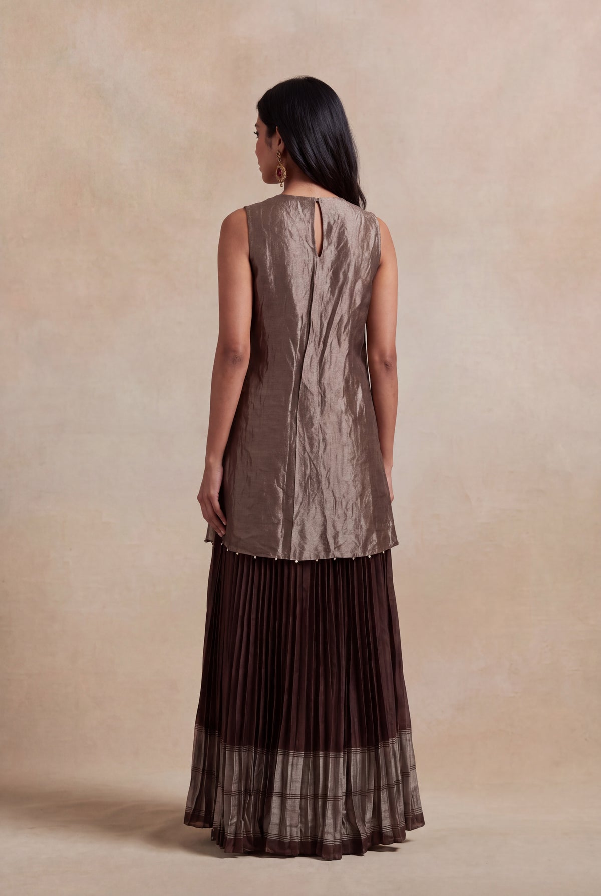 Bronze Crushed Tissue Top with Woven Silk Pleated Skirt - Mokshaa