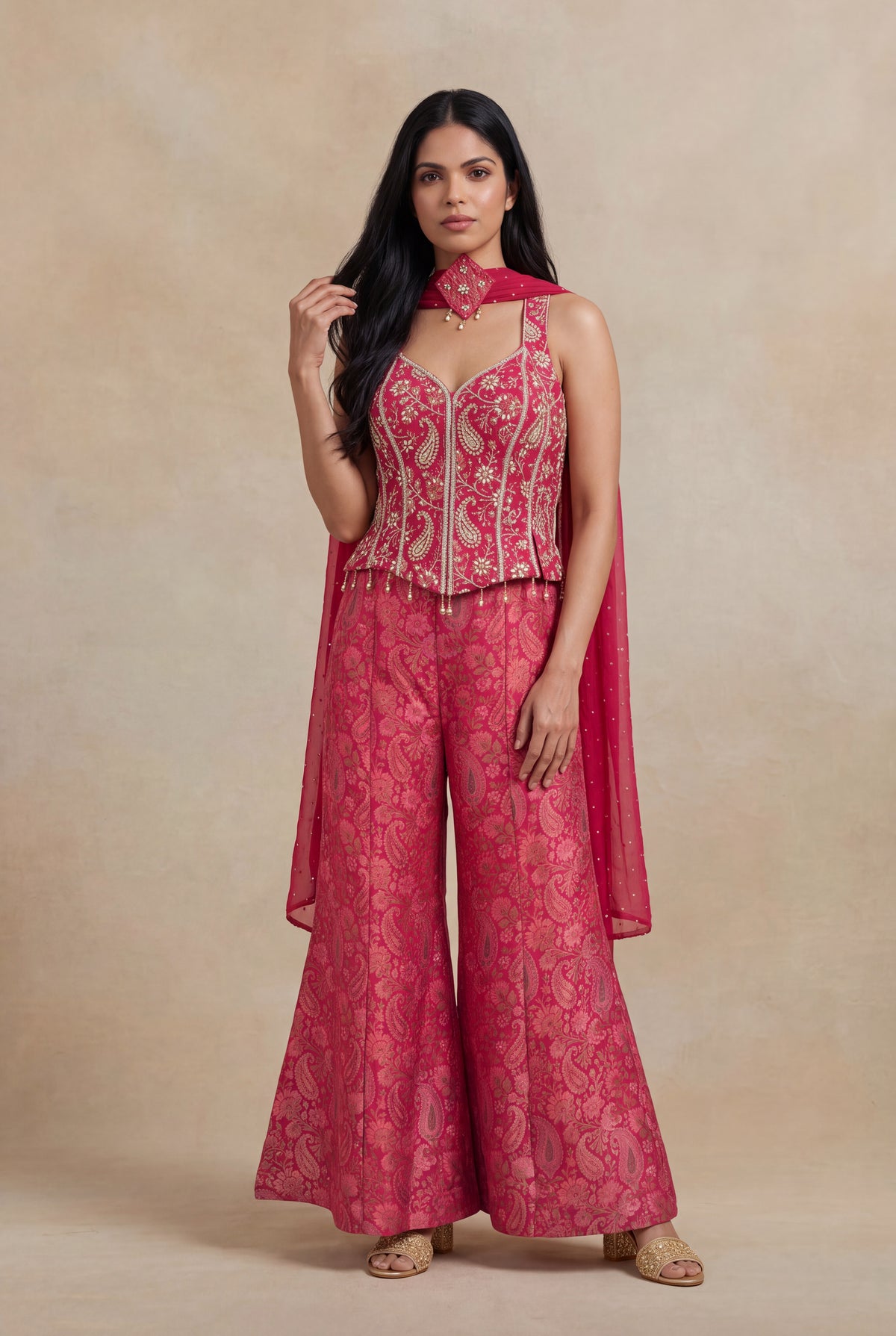 Pink Banarasi Indo-Western Palazzo Set with Embellished Corset - Mokshaa