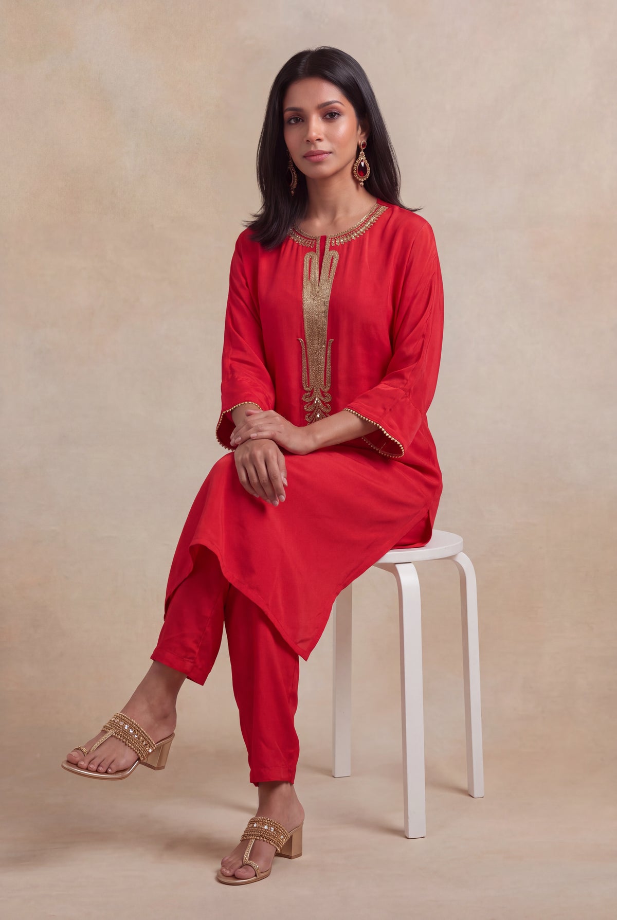 Red Satin Silk Kurti Set with Katdana Work - Mokshaa