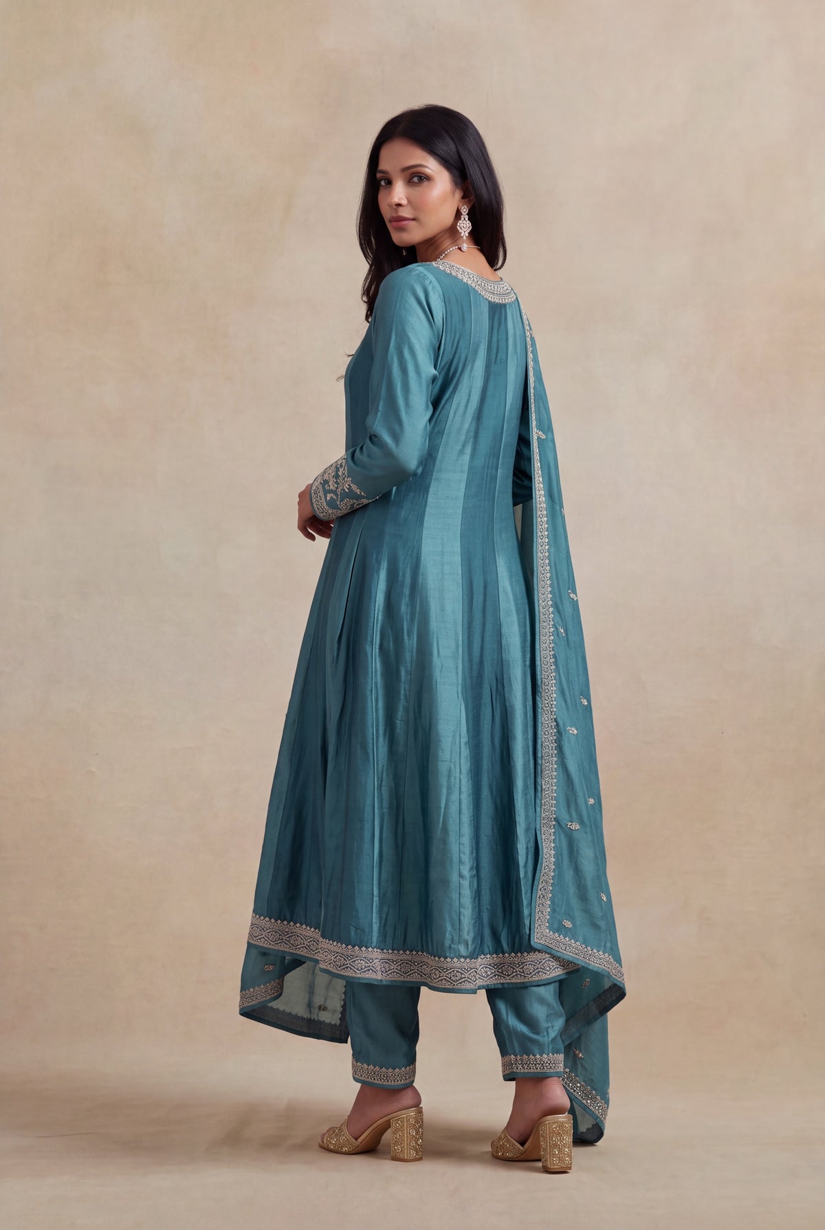 Teal Blue Raw Silk Anarkali Set - Mokshaa