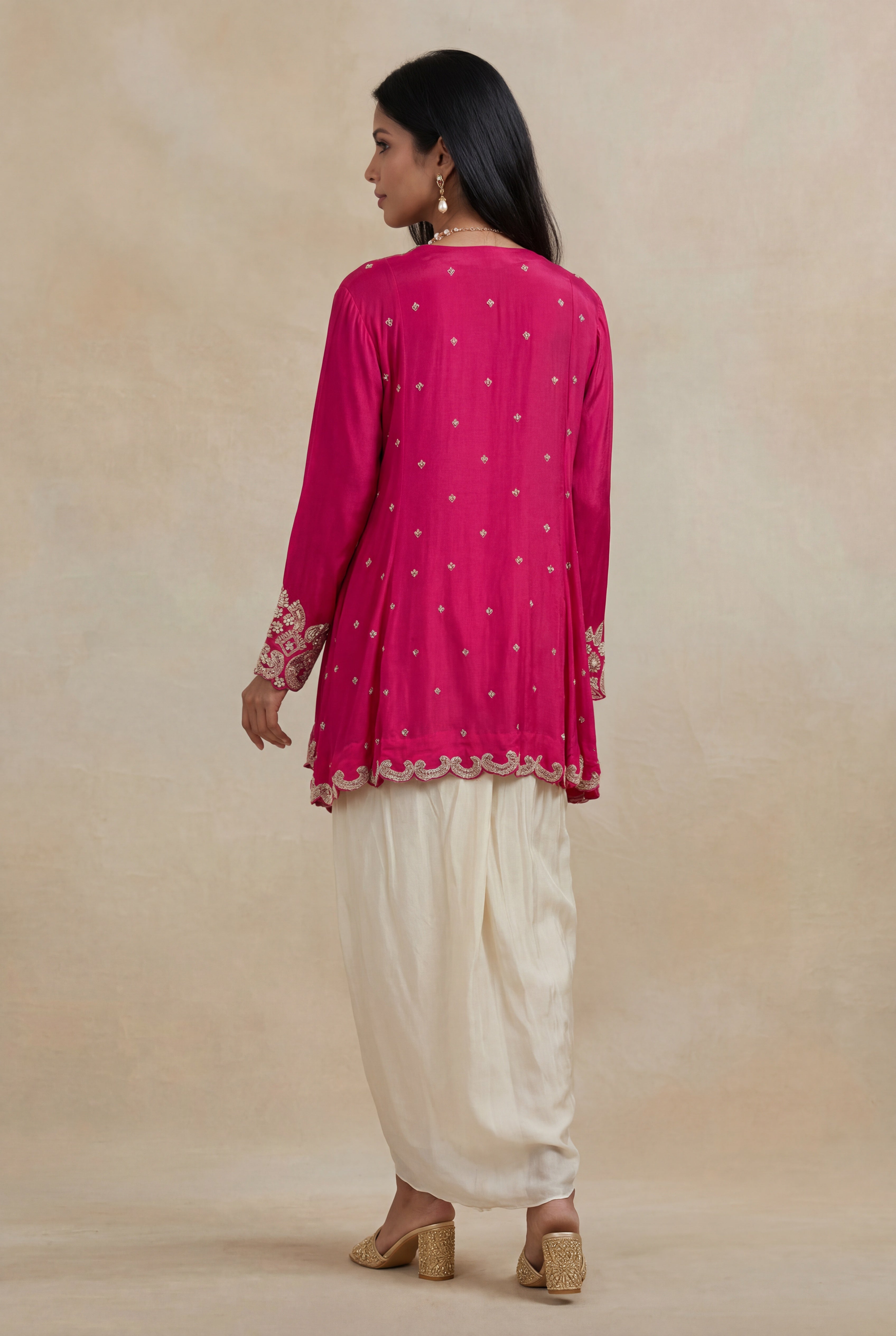 Pink Chinon Georgette Indo-Western Embroidered Draped Set