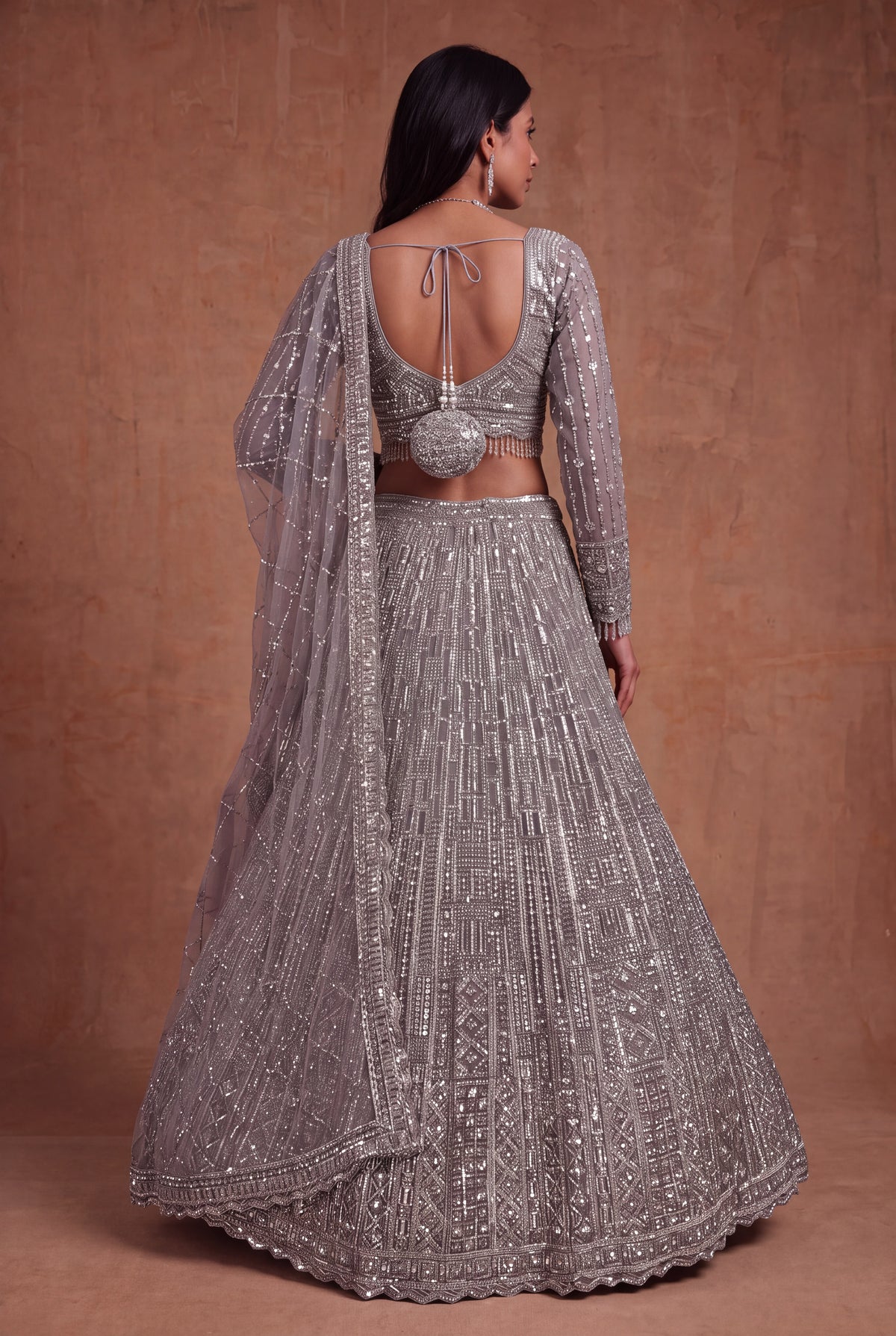 Silver Grey Net Lehenga - Mokshaa