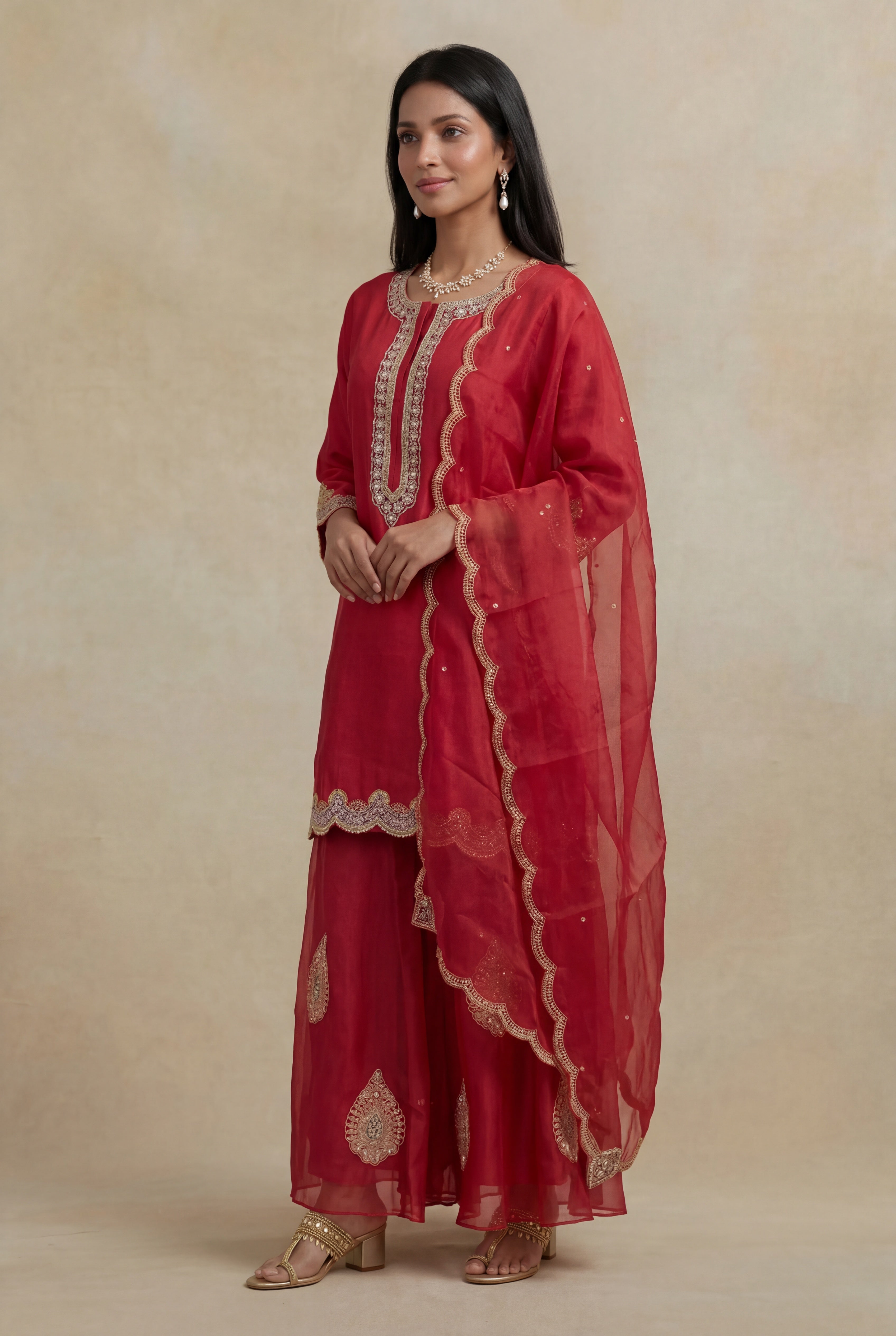 Ruby Red Silk Indo-Western Kurta Set