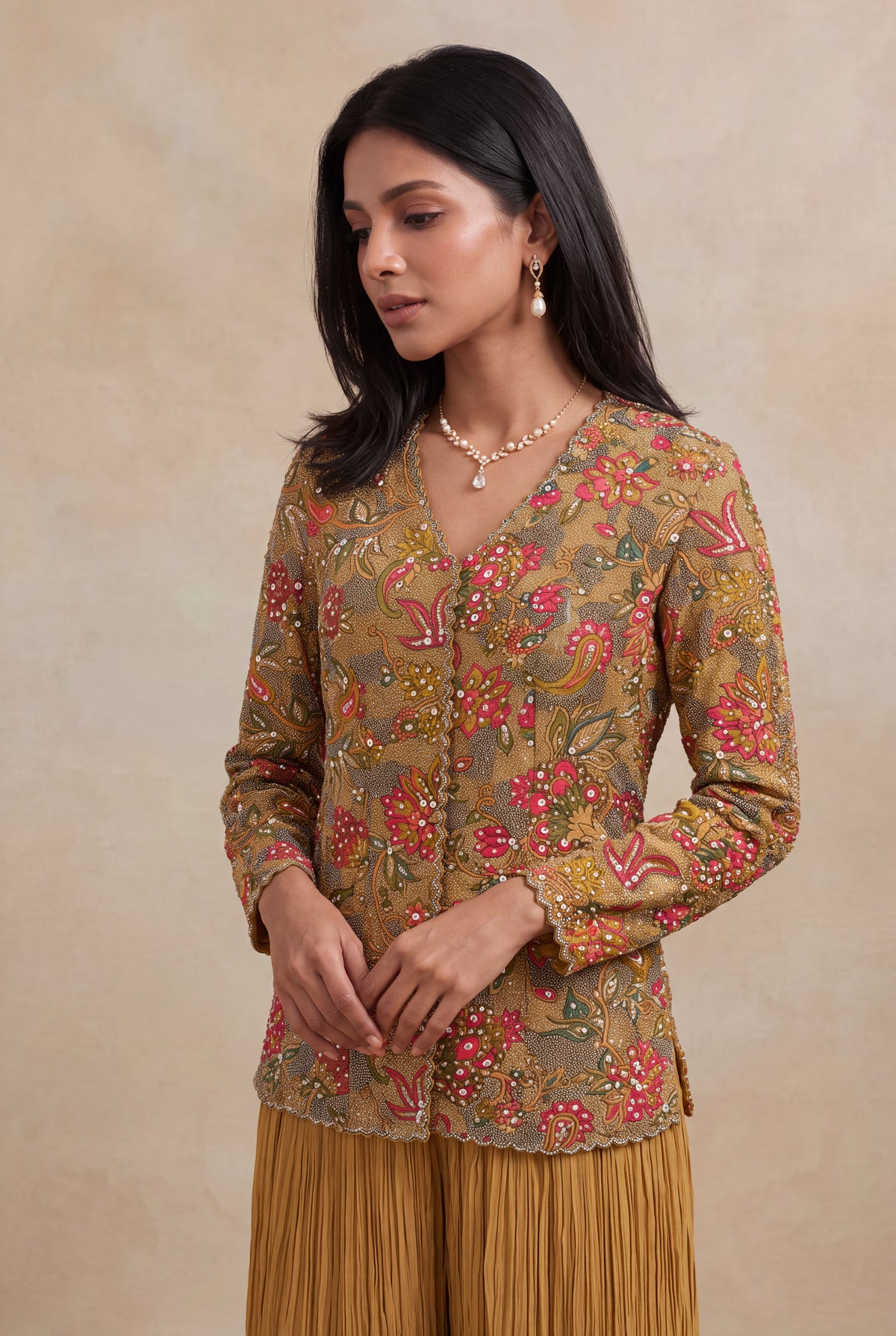 Mustard Yellow Printed Co-ord Set with Metallic Thread Embroidery - Mokshaa