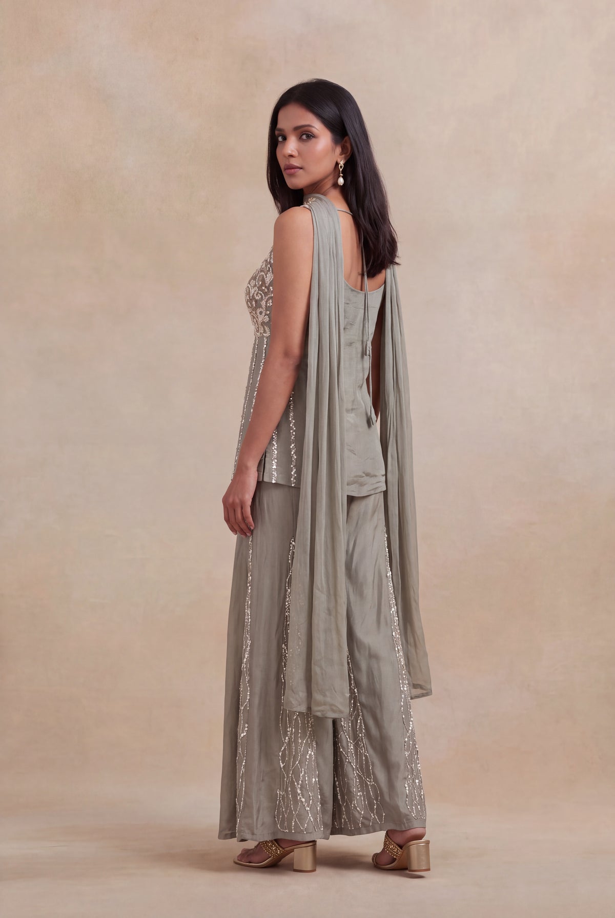 Grey Crepe Palazzo Set with Sequins & Katdana Work - Mokshaa