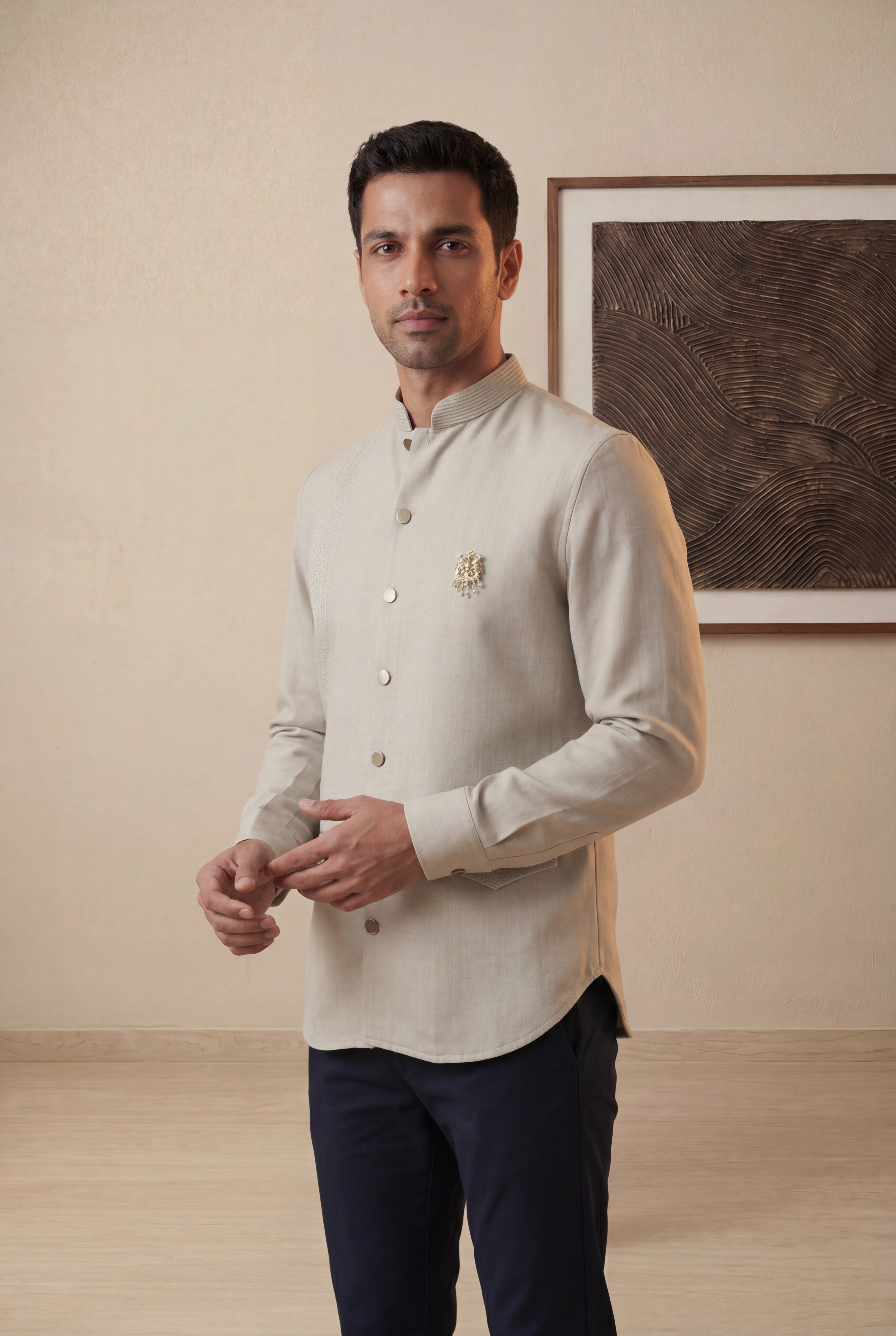 Beige Japanese Silk Mandarin Collar Shirt
