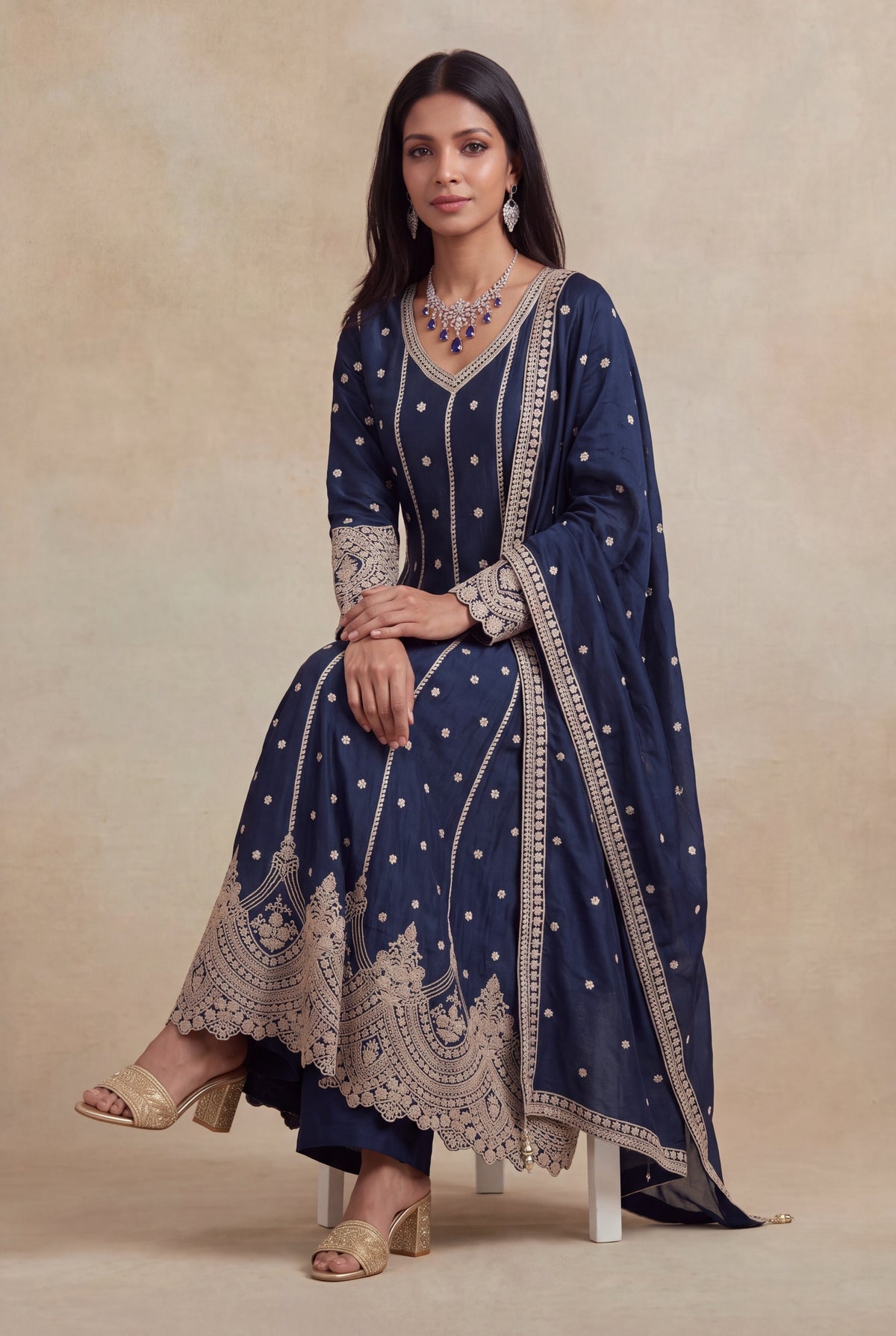 Navy Blue Raw Silk Anarkali Set - Mokshaa