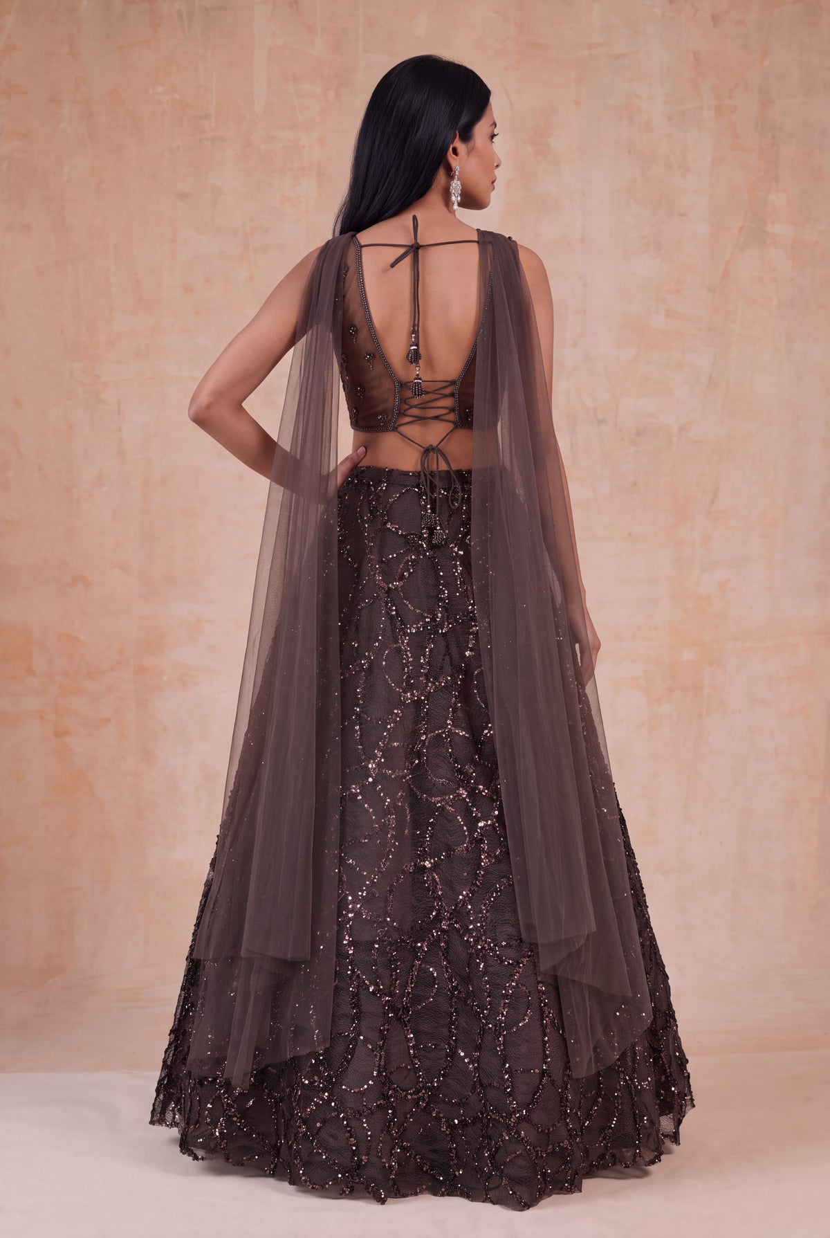 Chocolate Brown Net Lehenga - Mokshaa