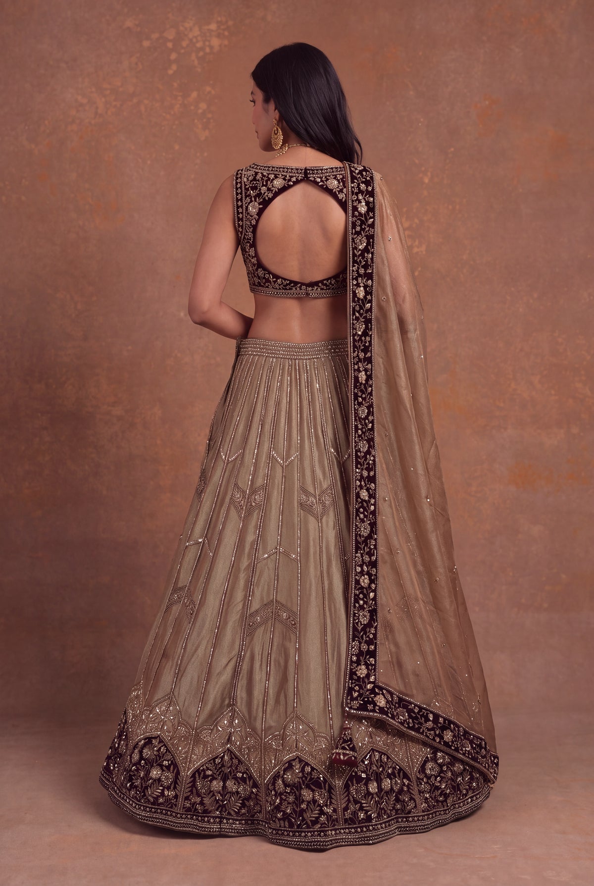 Tissue Lehenga with Maroon Velvet Blouse - Mokshaa