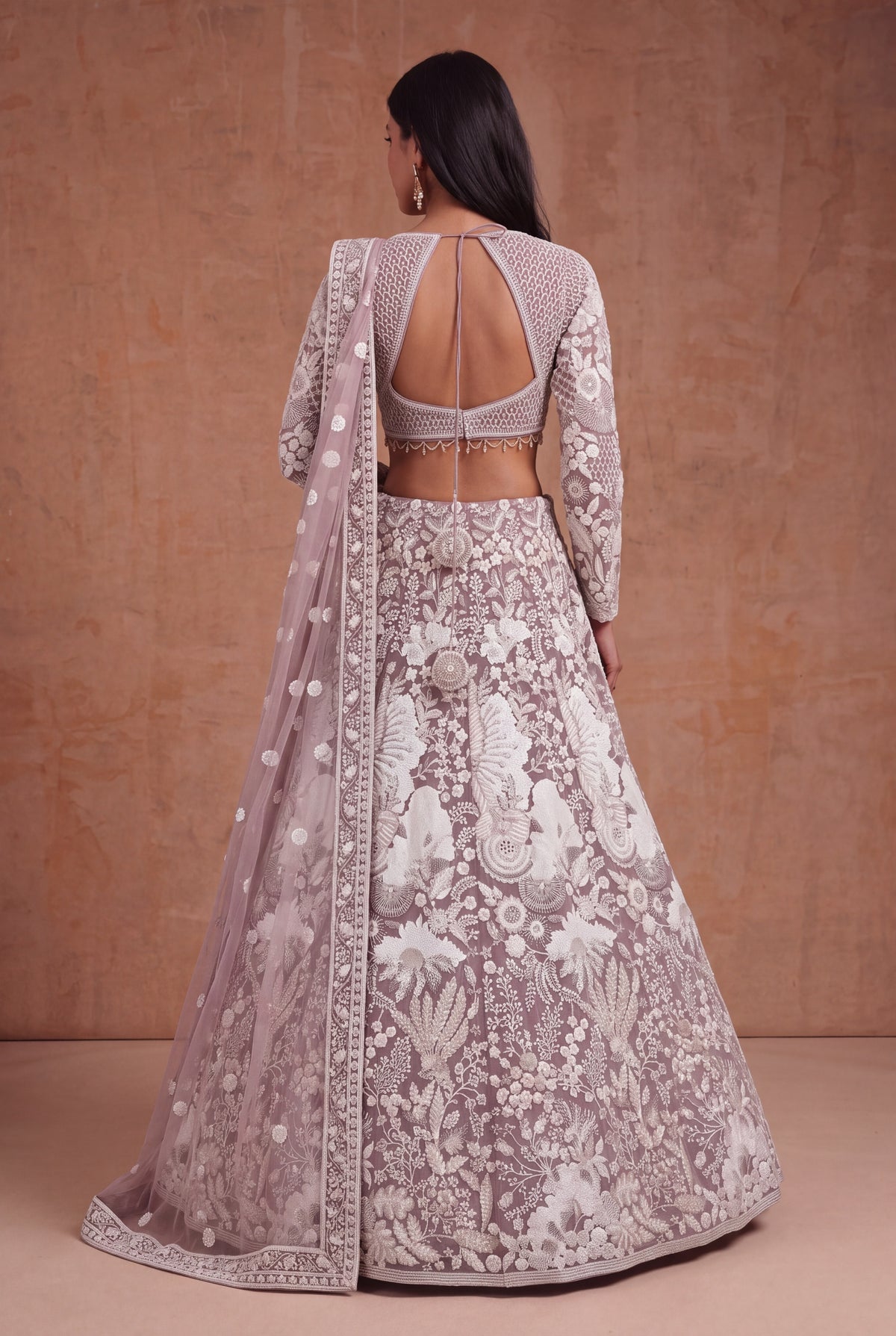 Dusty Mauve Net Lehenga - Mokshaa