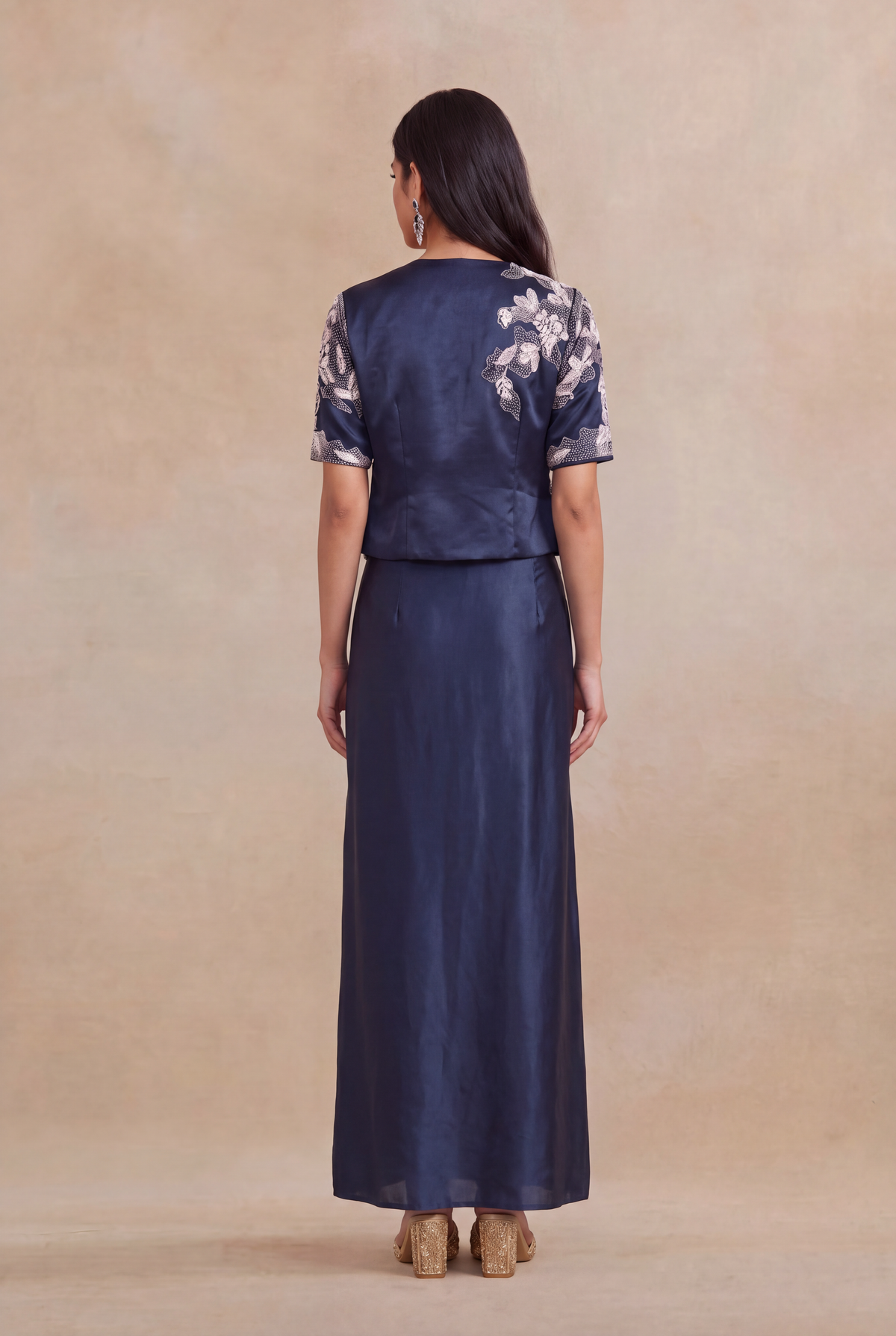 Navy Blue Satin Silk Indo-Western Set - Mokshaa