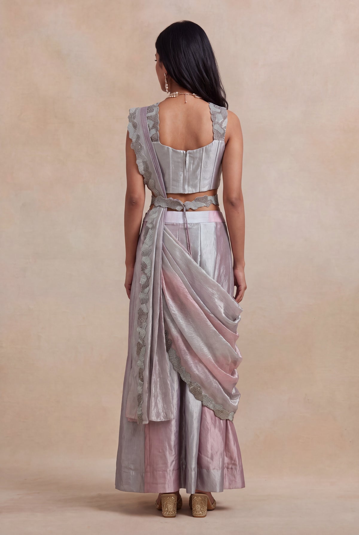 Pink & Silver Tissue Drape Saree - Mokshaa