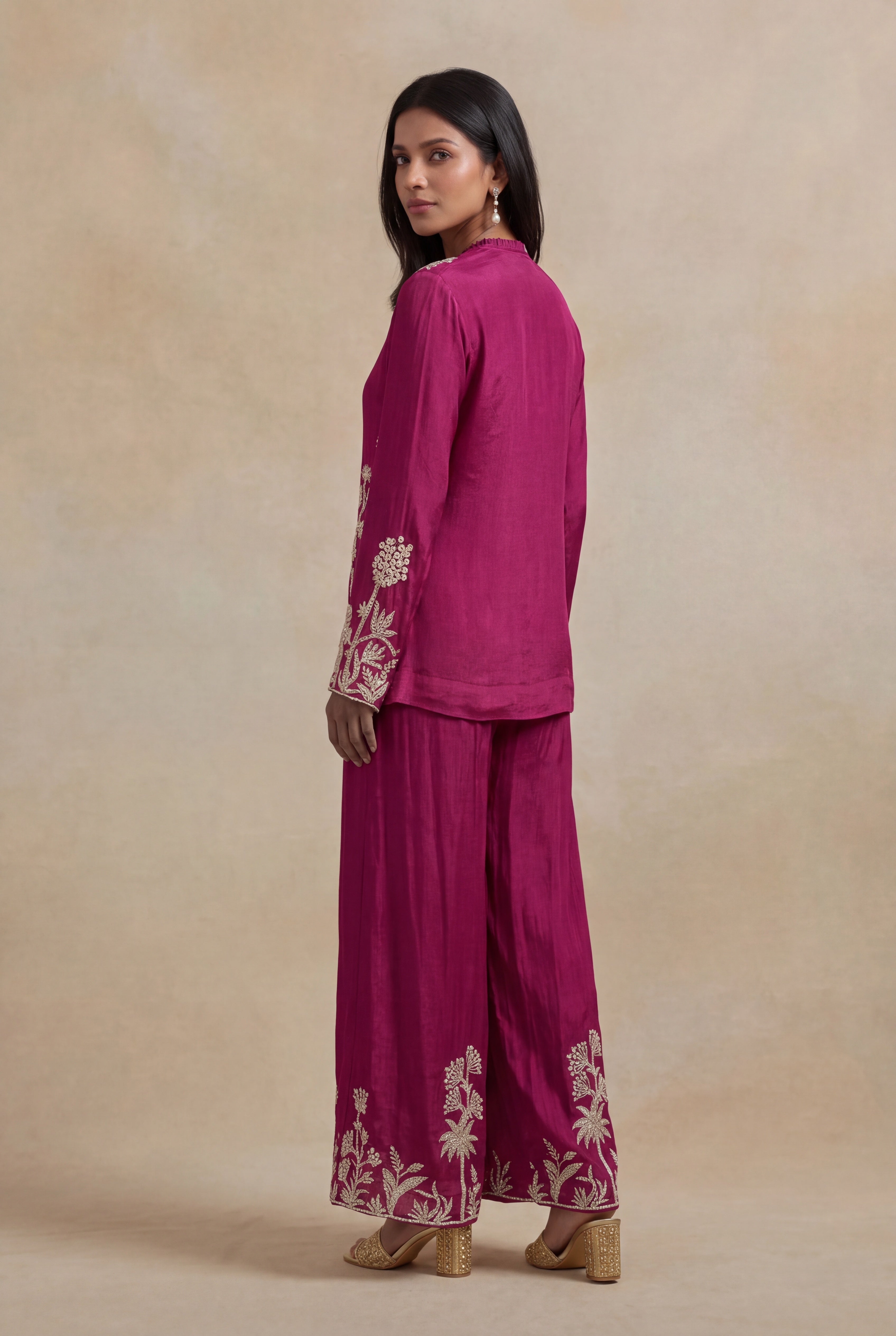 Magenta Pink Georgette Embroidered Indo-Western Co-Ord Set