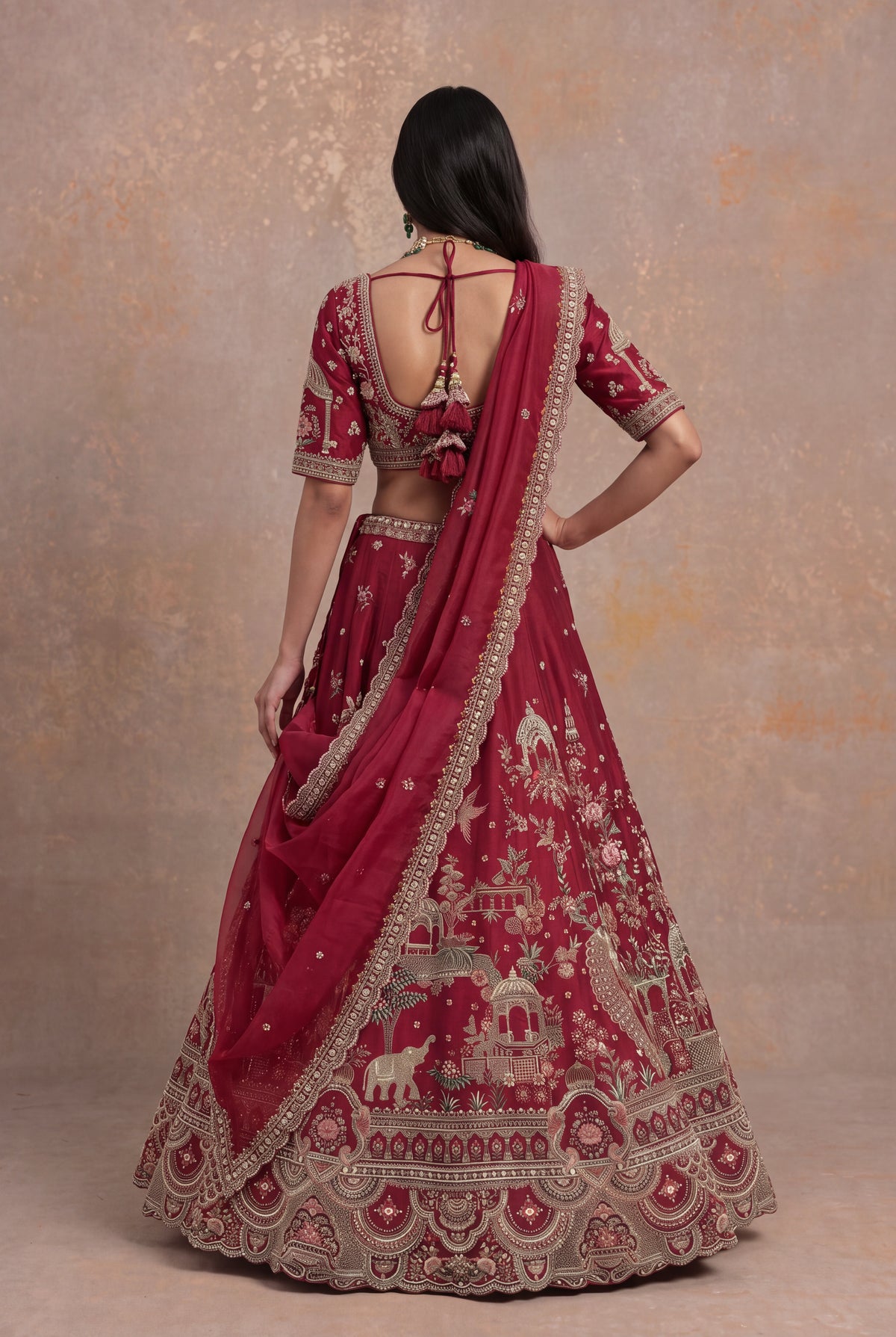 Maroon Raw Silk Lehenga Set with Thread and Cutdana Work - Mokshaa