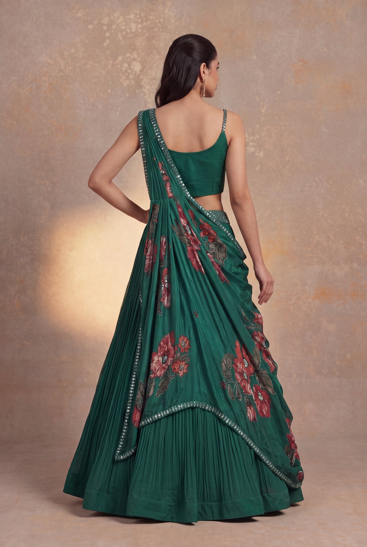Bottle Green Georgette Draped Lehenga - Mokshaa