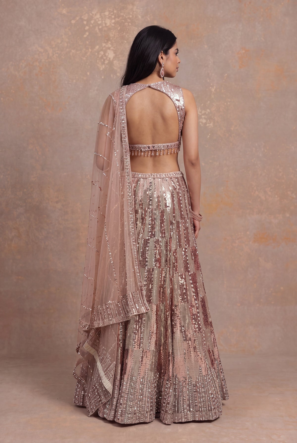 Peach Sequin & Katdana Embellished Net Lehenga - Mokshaa