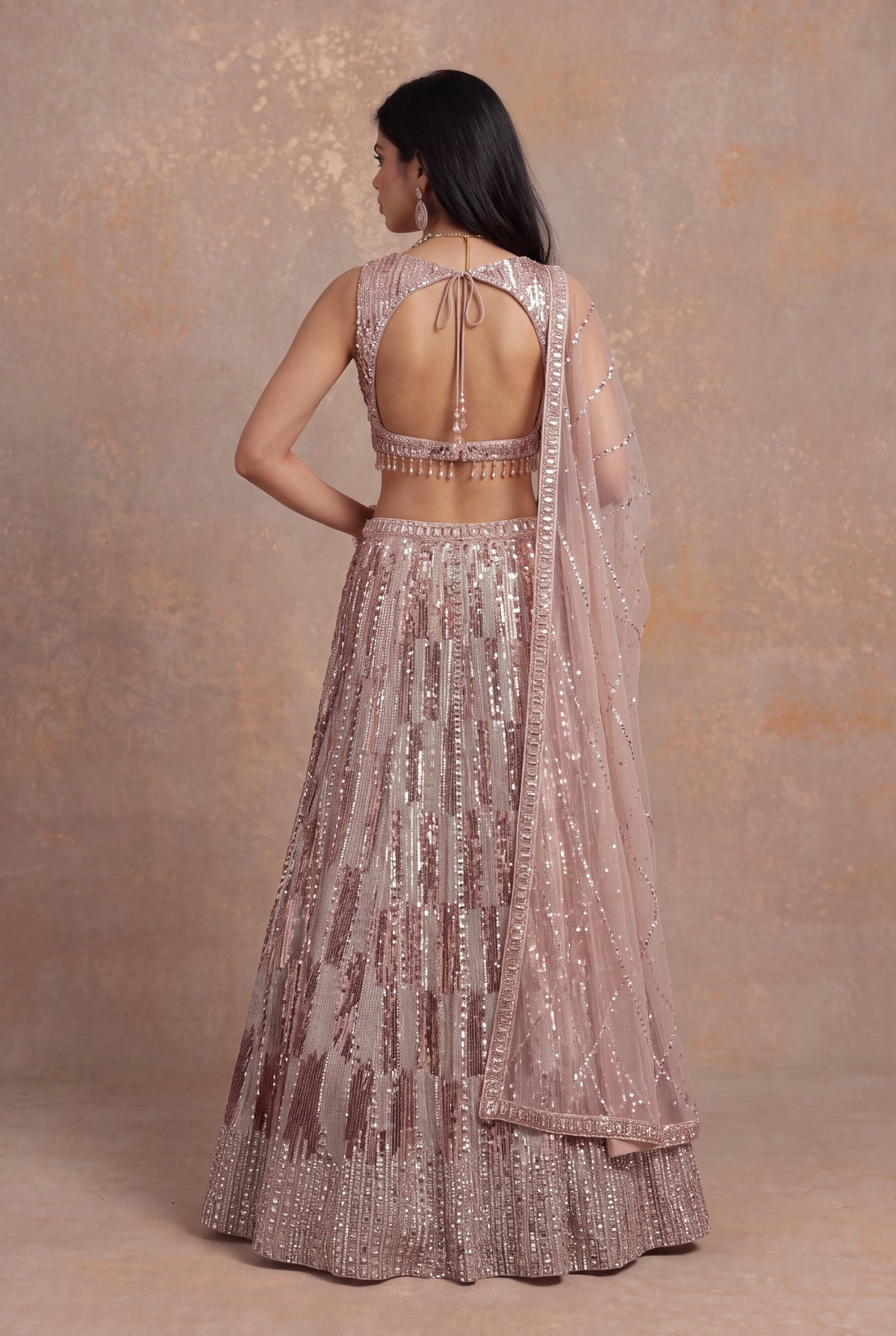 Peach Sequin & Katdana Embellished Net Lehenga - Mokshaa