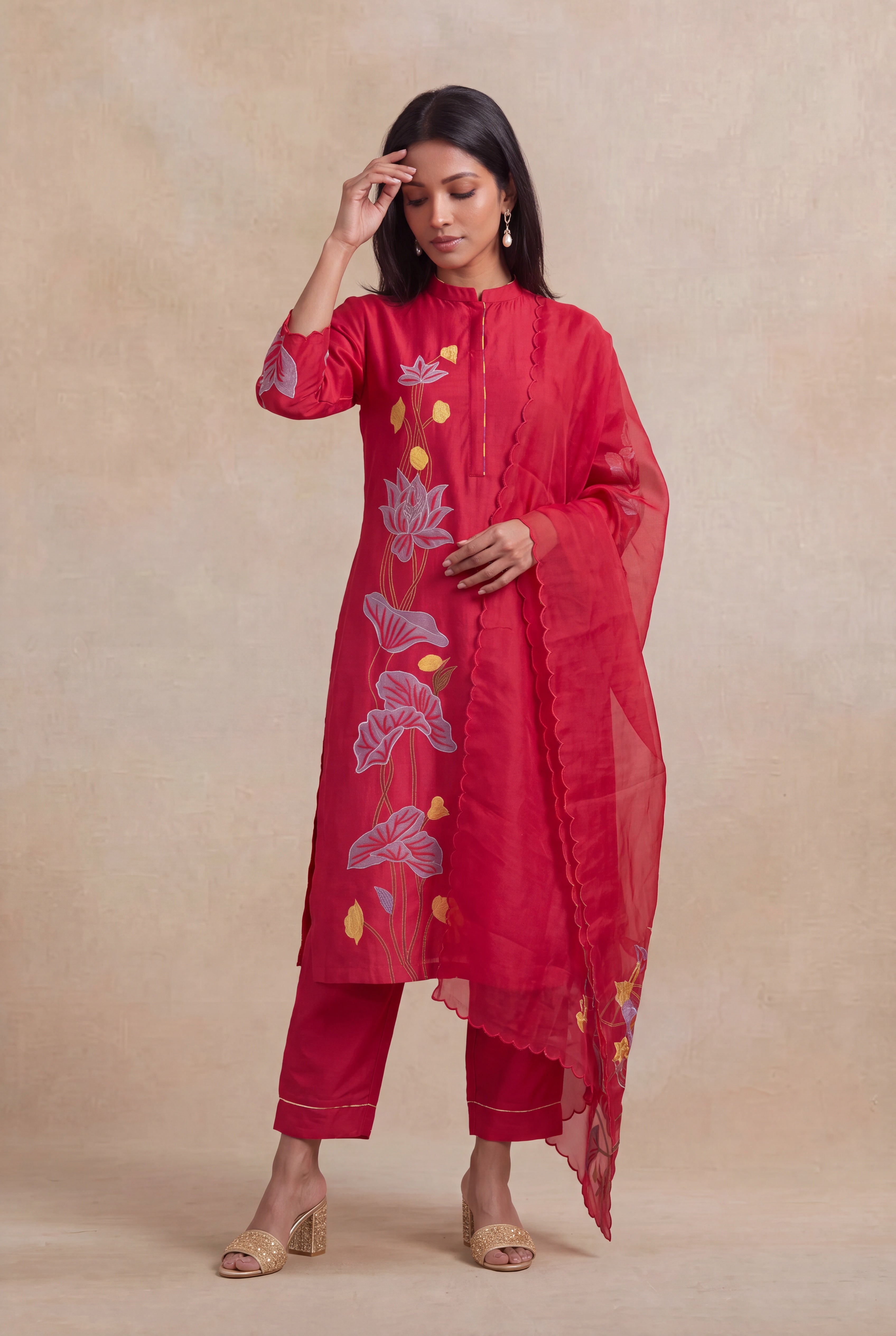 Red Chanderi Cotton Embroidered Straight-Cut Salwar Set