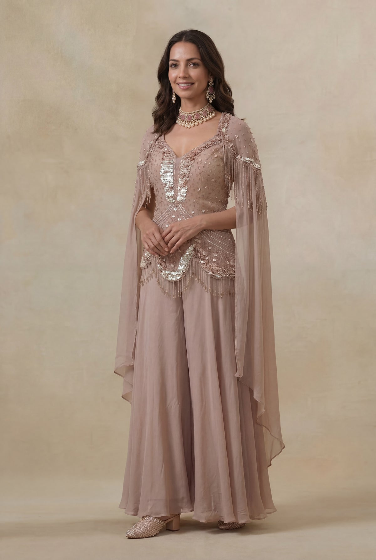 Dusty Mauve Georgette Sequin & Katdana Indo Western Set - Mokshaa