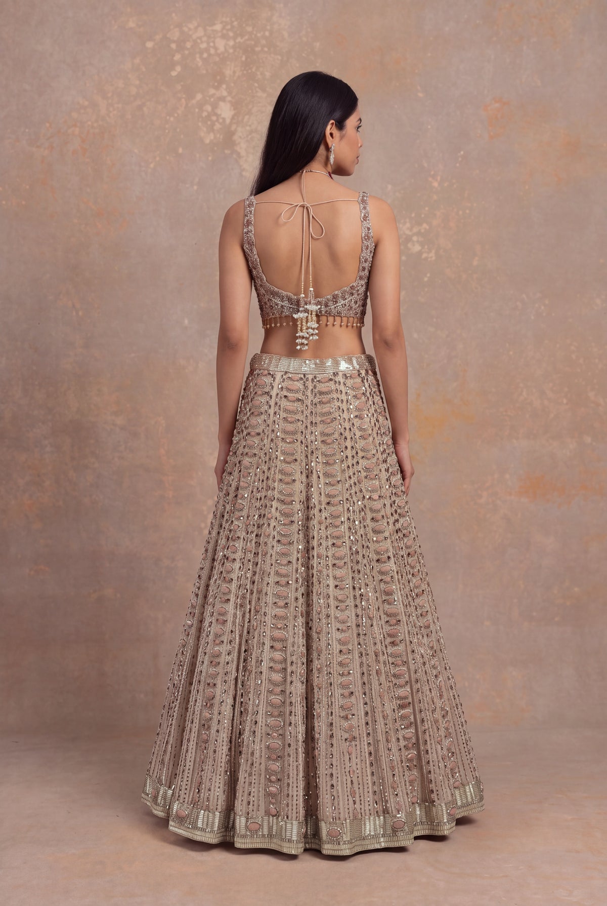 Light Peach Silk Lehenga Set with Stone and Pearl Embroidery - Mokshaa