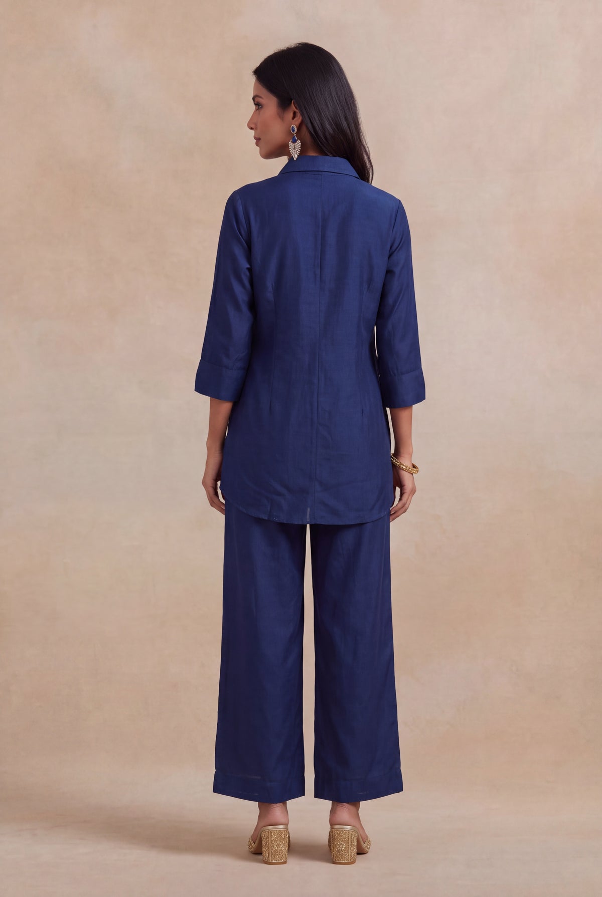 Navy Blue Silk Co-ord Set with Multicolour Embroidery - Mokshaa