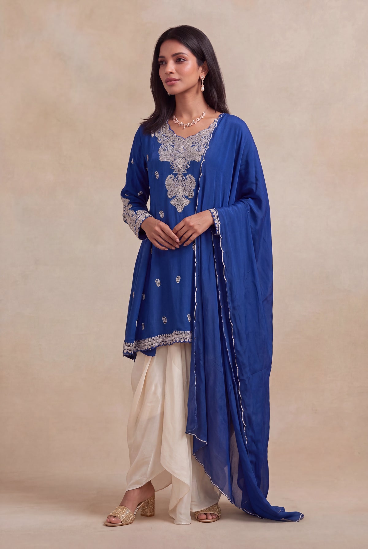 Royal Blue Chinon Indo-Western Set - Mokshaa