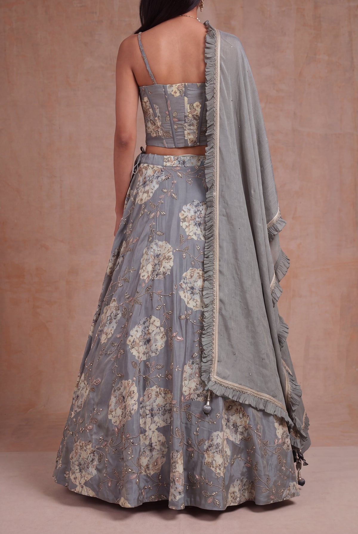 Grey Tissue Silk Floral Lehenga with Zari Work - Mokshaa