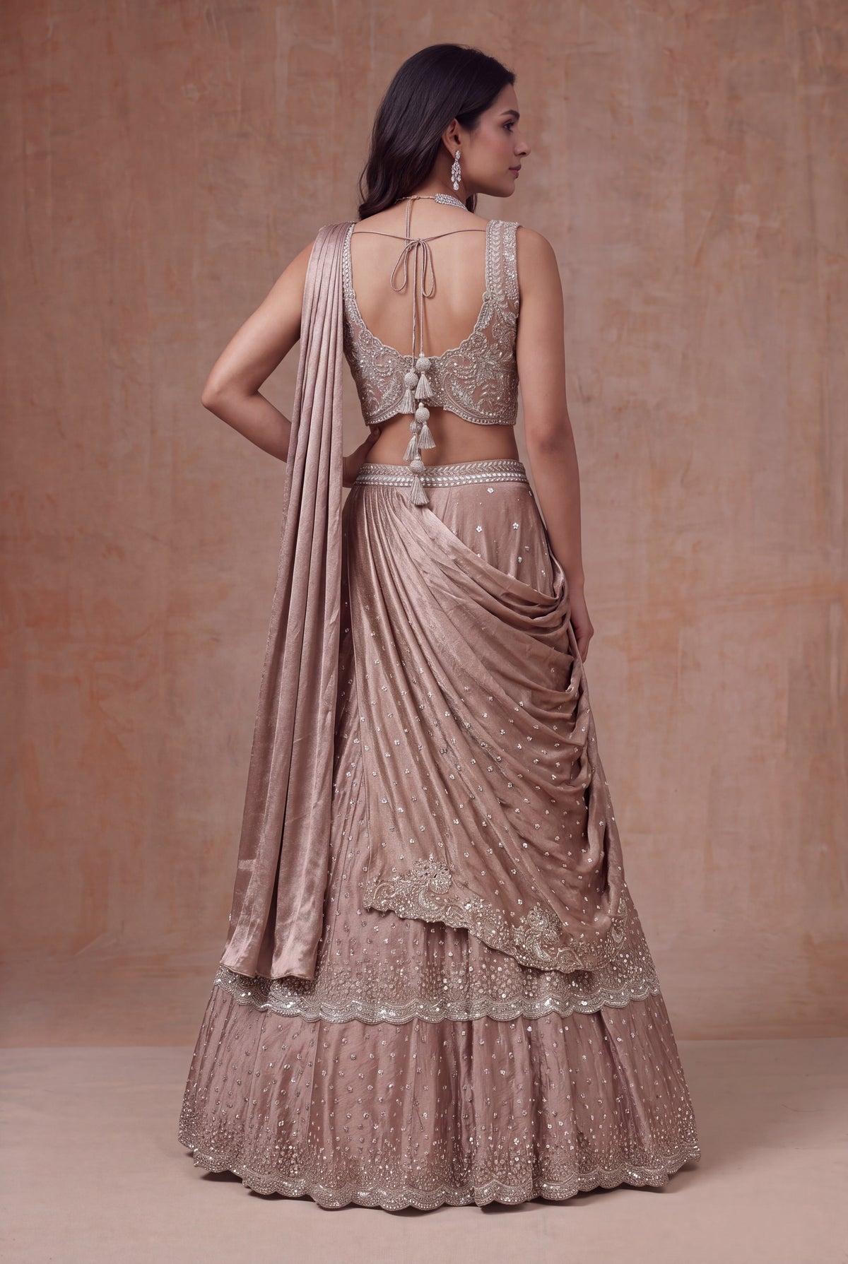 Rose Taupe Satin Silk Draped Lehenga with Sequin Work - Mokshaa