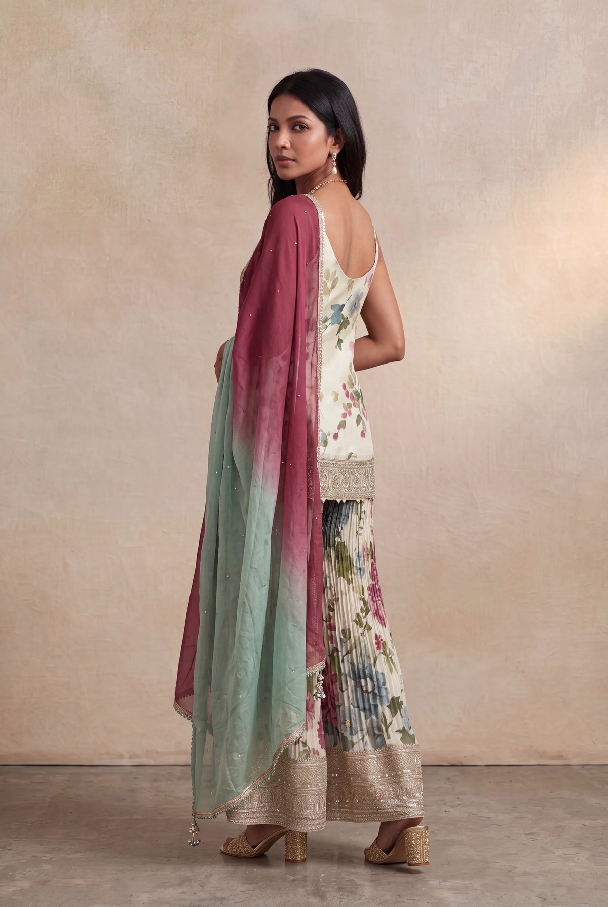 Ivory Floral Printed Tissue Sharara Set with Zari Border - Mokshaa