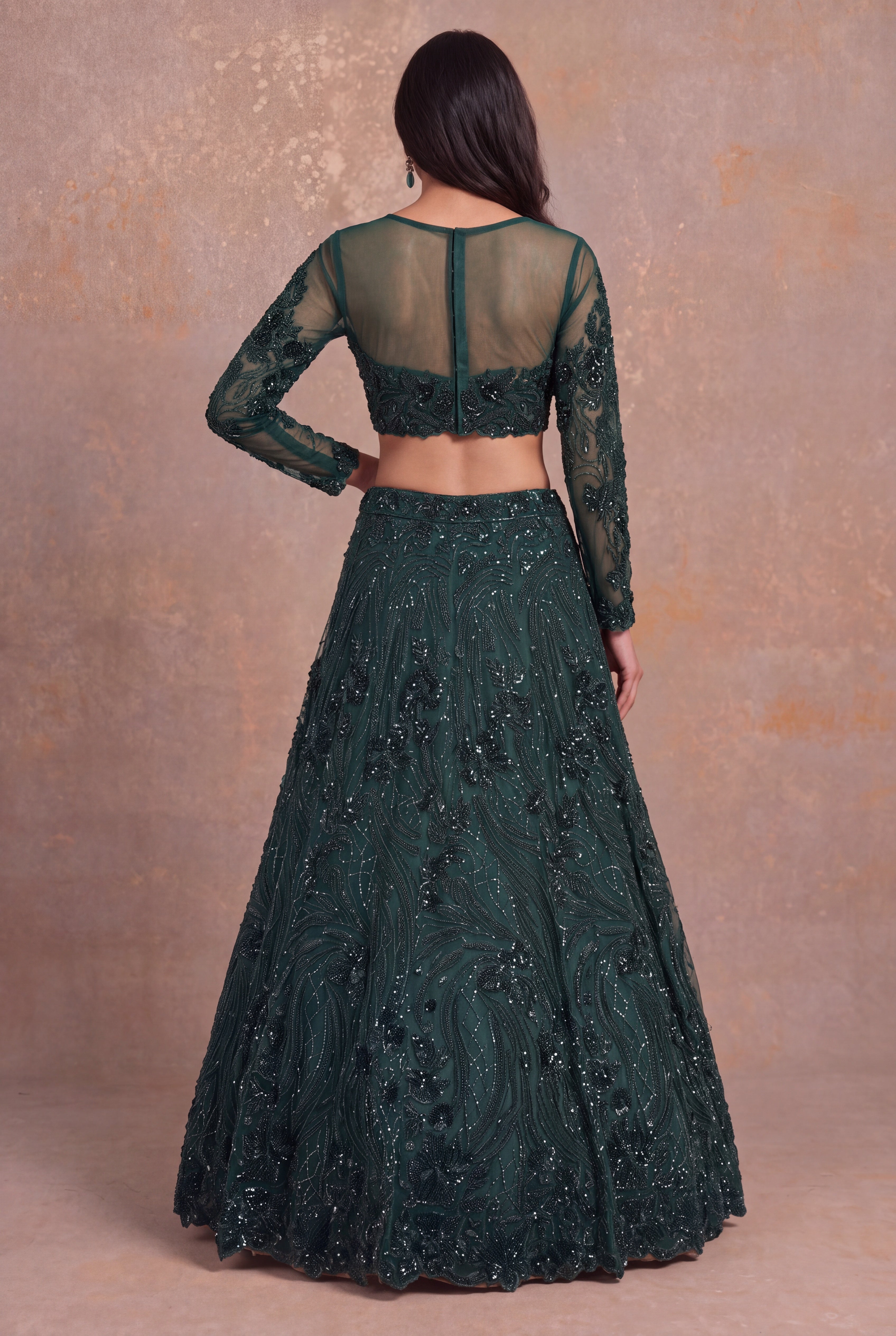 Emerald Green Net Lehenga with Sheer Sleeves and Swirling Bead Embroidery